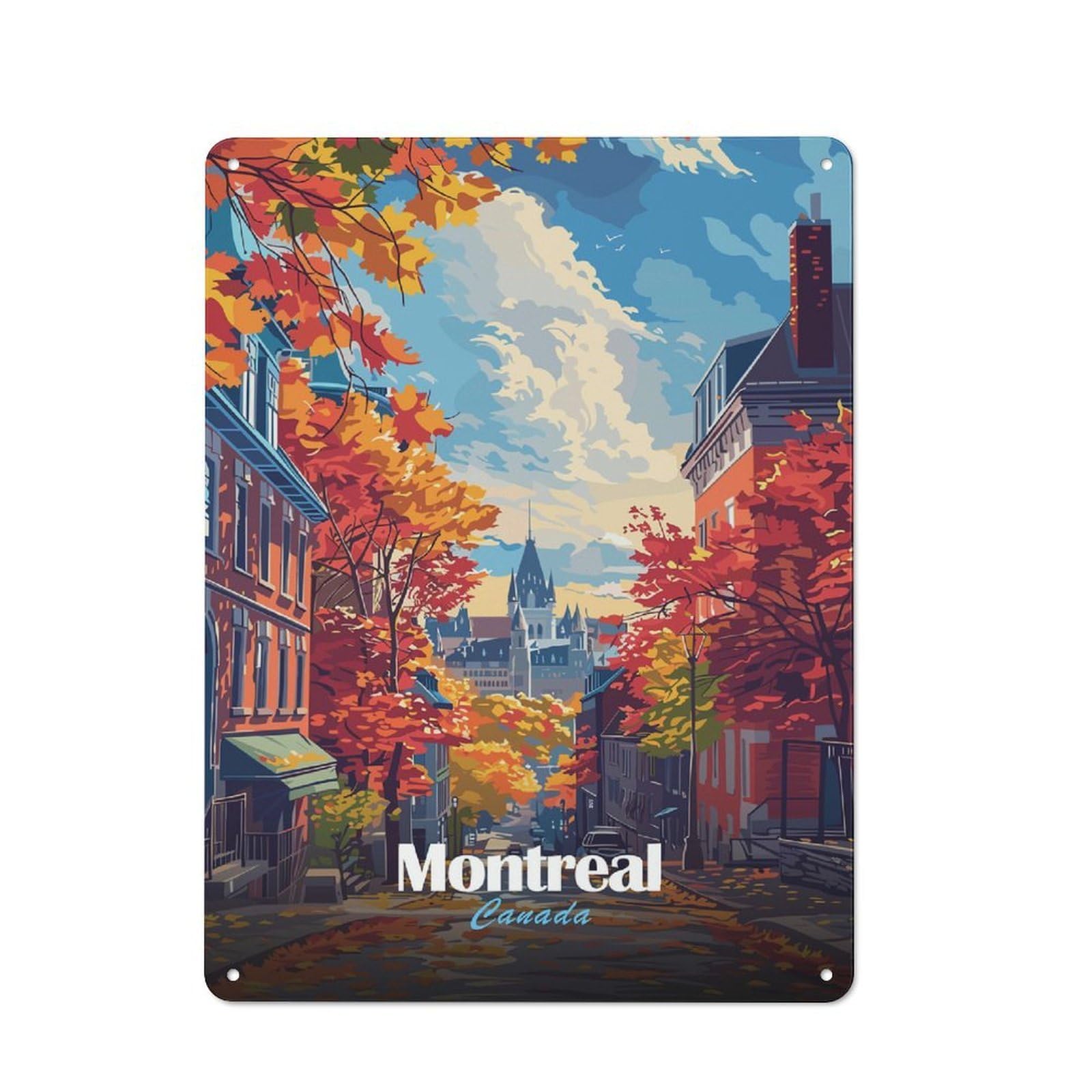 Decorative Tin Sign with Montreal Canada Autumn Cityscape Design 40x30cm, Nostalgic Old Style Wall Plaque for Living Room, Hallway, Kitchen Or Cafe