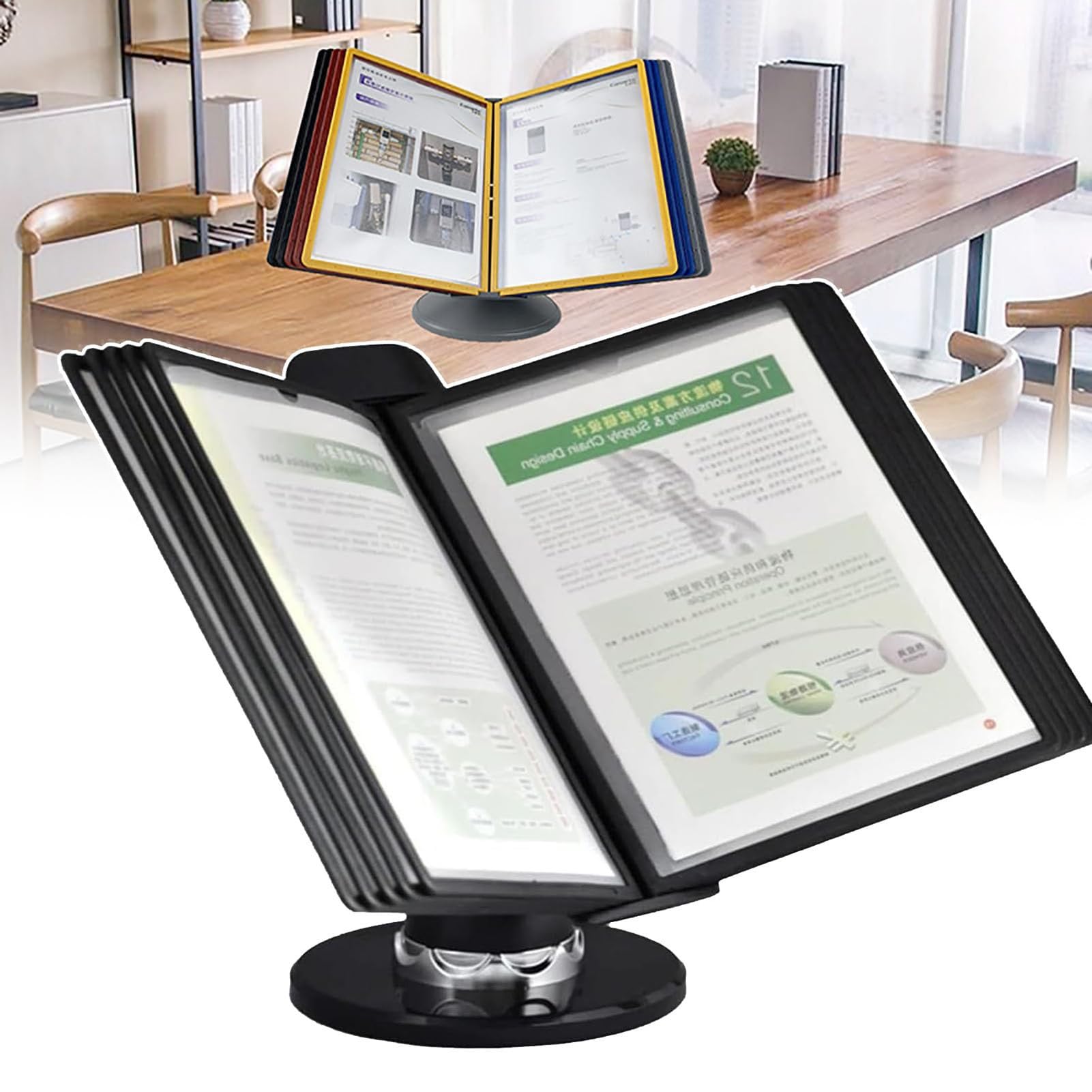 OOPDNEGAK Page Turn File Display Rack, Desktop Rotary Folder, A4 Loose Leaf Storage Rack, Desktop Reference System Organizer, 10 Page Double-Sided Panels, Catalog Display Rack