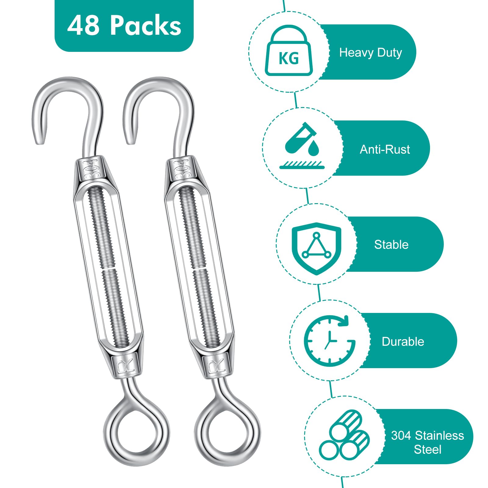 Tenditori per cavi in acciaio inox da 4 mm, per fai da te, per appendere foto, recinzioni, cancelli, tende, 48 pezzi