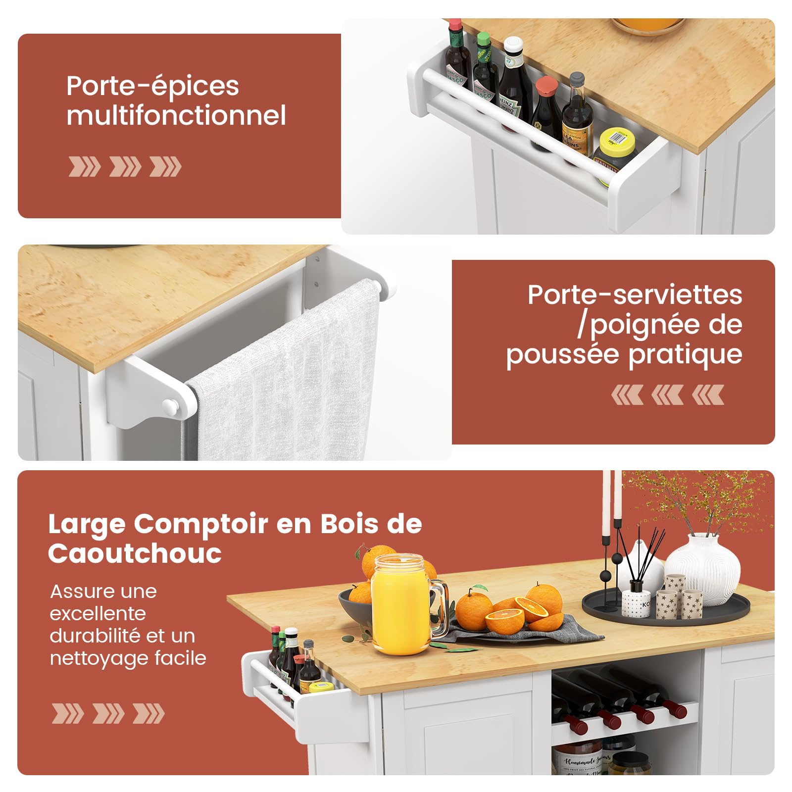 COSTWAY Desserte de Cuisine sur roulettes, Ilot Central Cuisine avec Plan de Travail Extensible Rabattable en Bois d'hévéa, Chariot de Service avec Tiroir, Porte-Bouteilles, Porte-Serviettes (Blanc)
