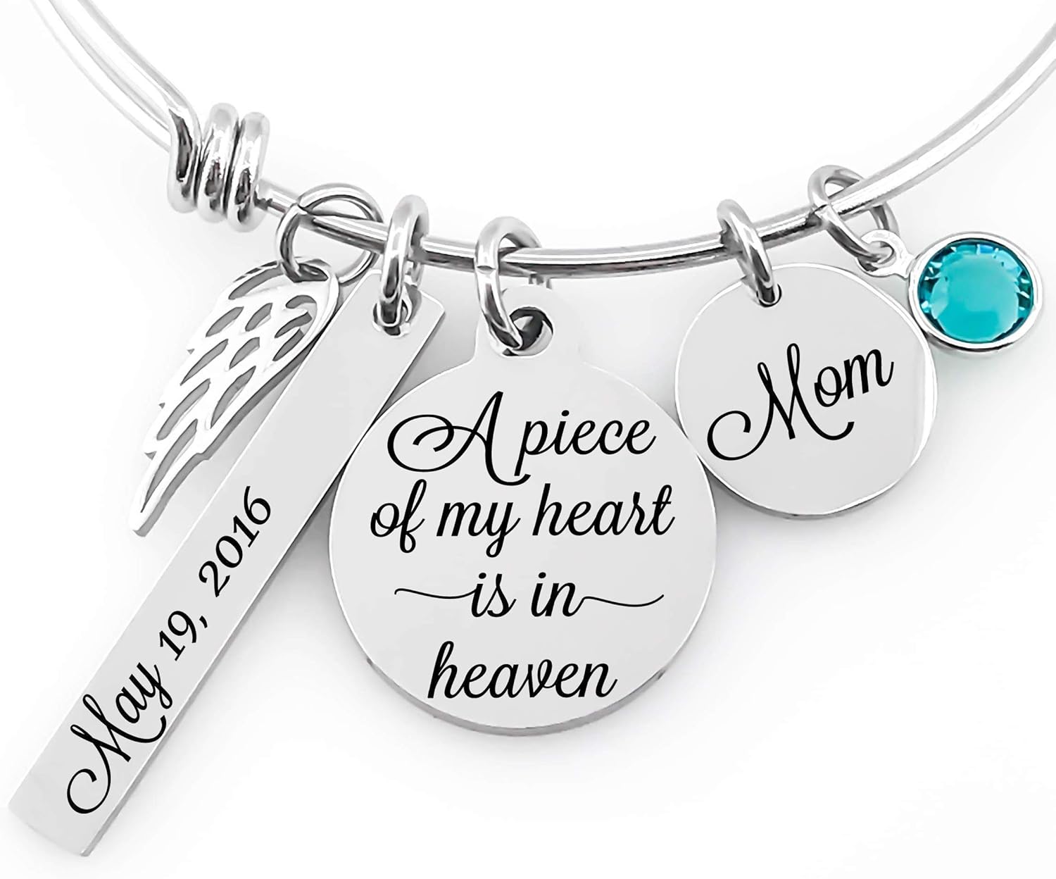Memorial Bracelet – “A Piece of My Heart Is in Heaven” – Personalized Sympathy Bangle with Angel Wing, Name Disc, Birthstone & Date Charm – Grief Gift for Loss of Mom, Dad, Child, or Loved One
