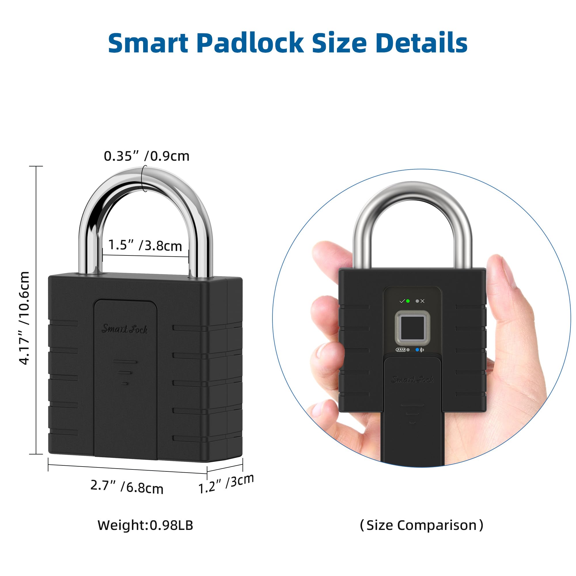 Cadenas à empreintes digitales avec application et clé, cadenas noir très résistant, adapté pour l'extérieur, le camion, l'entrepôt et les casiers d'armoires