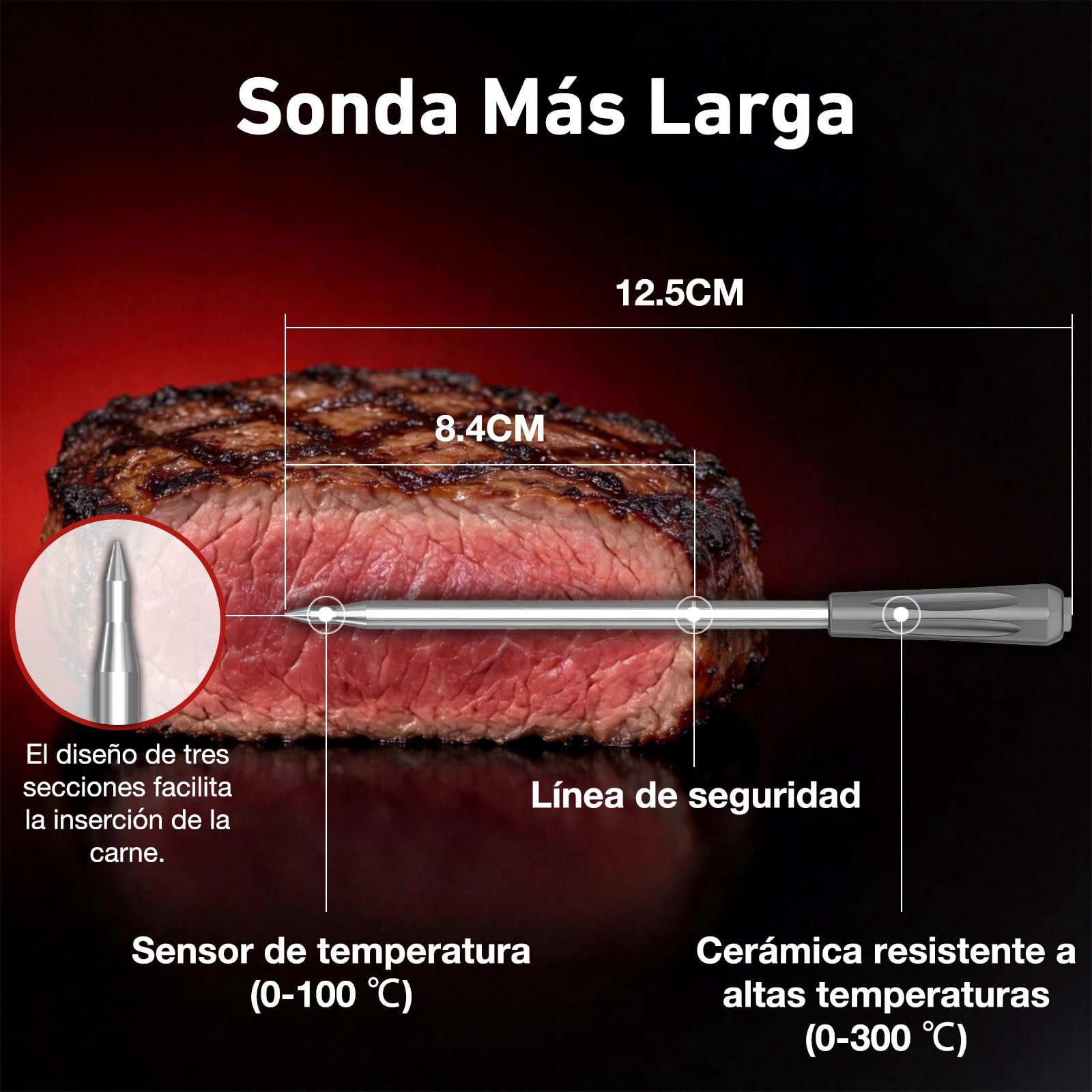 Termómetro para Carne Inalámbrico de 100 m con Sonda de 12,5 cm, Monitor de Temporizador y Alarma, IP67 Impermeable Meat Thermometer, Termómetro de Cocina para Barbacoa, Horno, Grill, Freidora Aire