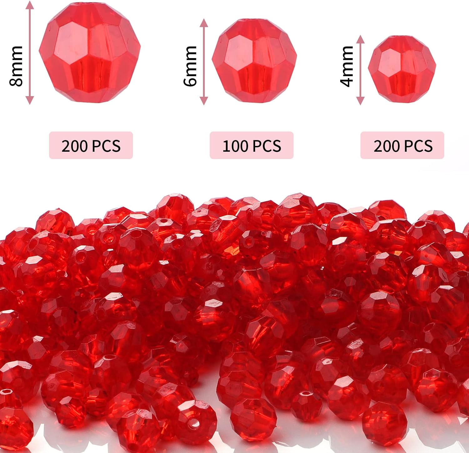 Crystal Glass Beads for Jewelry Making, 500 Pcs Assorted Acrylic Beads Bulk, Mixed Faceted Beads, Iridescent Crystal Beads for Crafts(4/6/8mm,Red Color) - Image 2