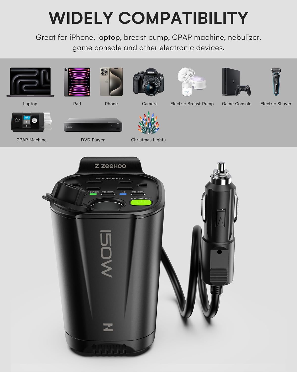 150W Car Power Inverter, 12V DC to 110V AC Car Plug Adapter Outlet Converter, with 2 AC Outlets, A 18W USB A and Dual 30W PD Car Charger, for Laptop Computer - Black