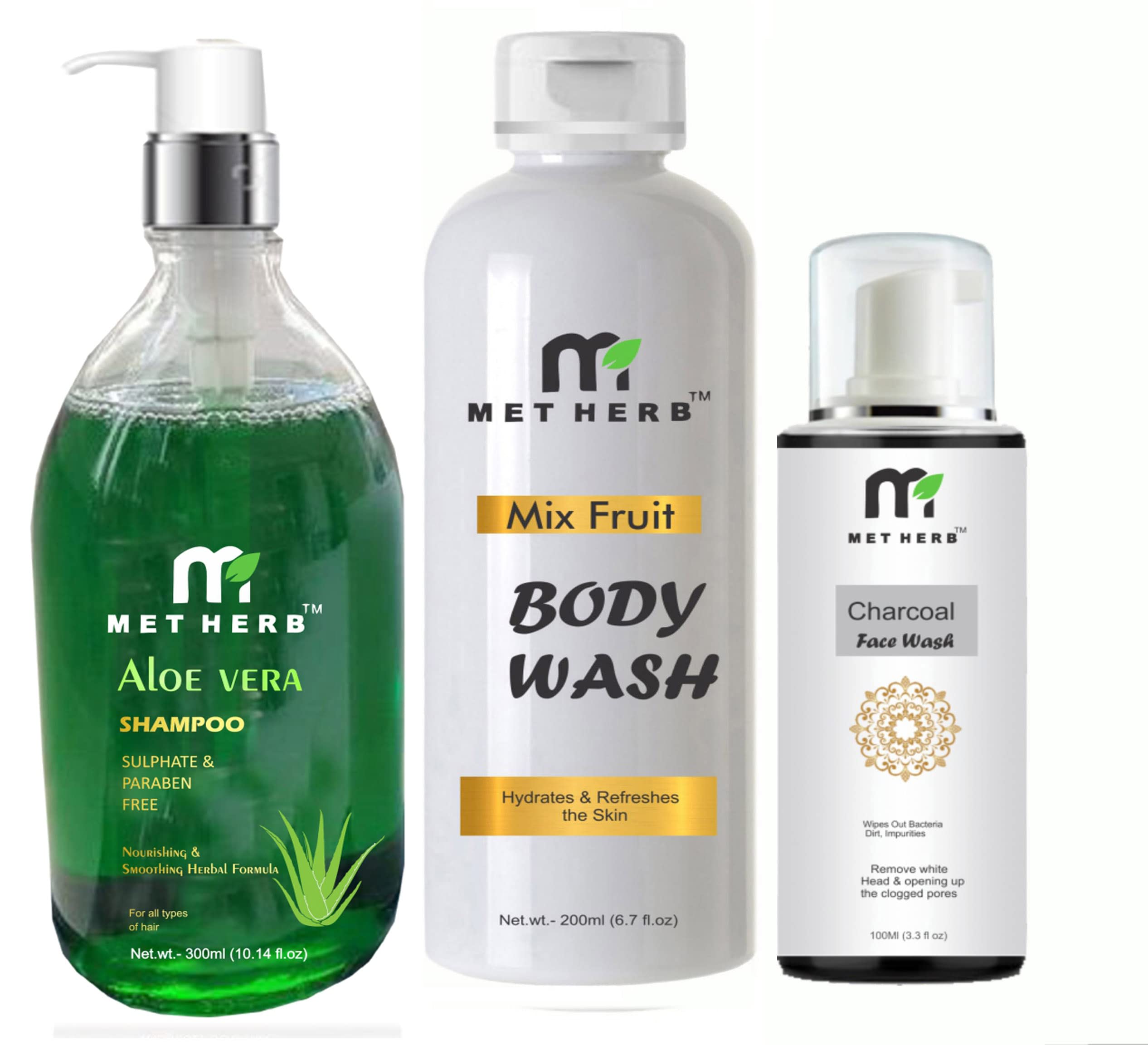 METHERB Aloe Vera Shampoo 300ml & Mix Fruit Body Wash -200ml & Charcoal Face Wash -100ml (combo pack)-image-19