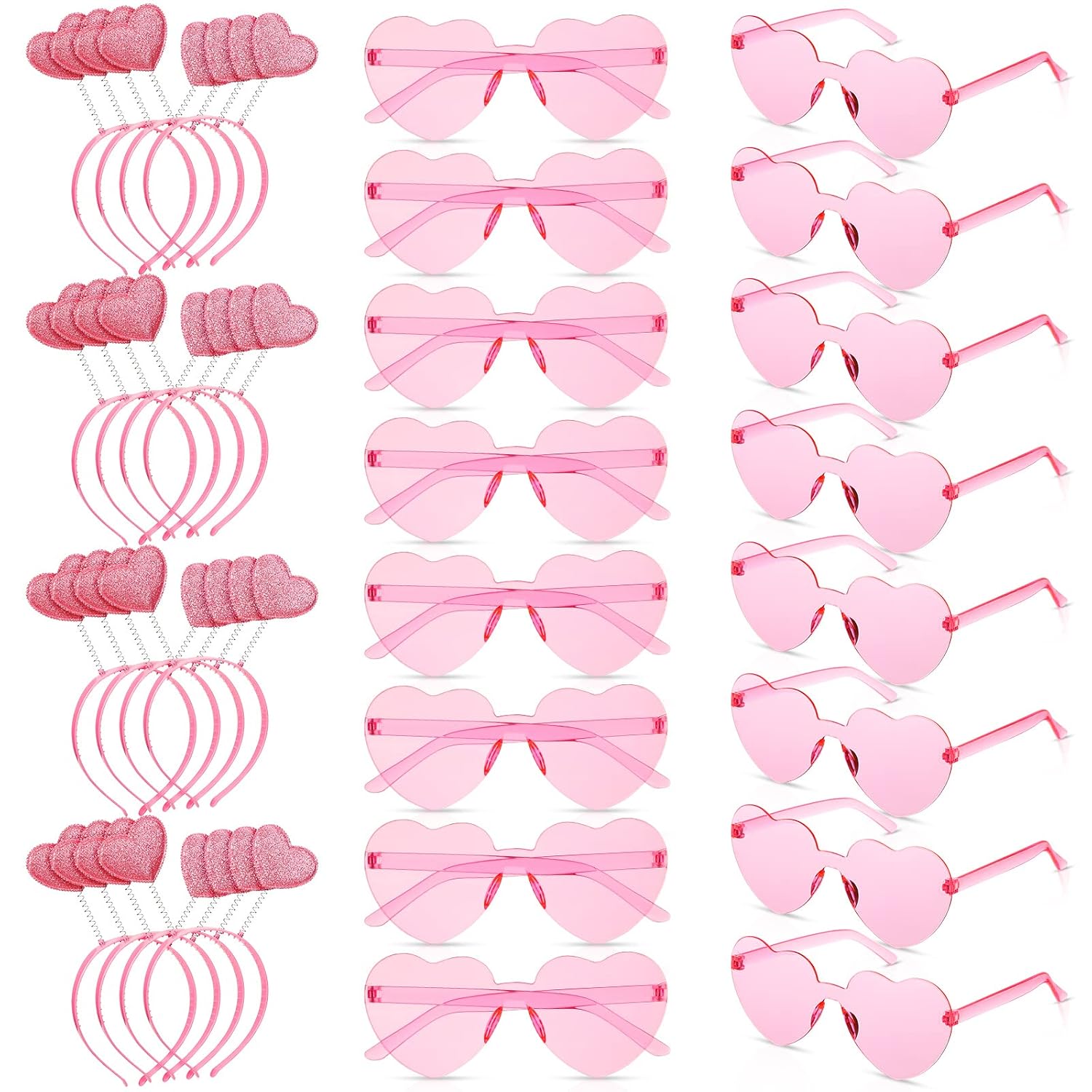 Macarrie 32 Pieces Valentine's Day Heart Headband and Heart Sunglasses Head Boppers Glitter Valentines Accessories for Women(Pink)