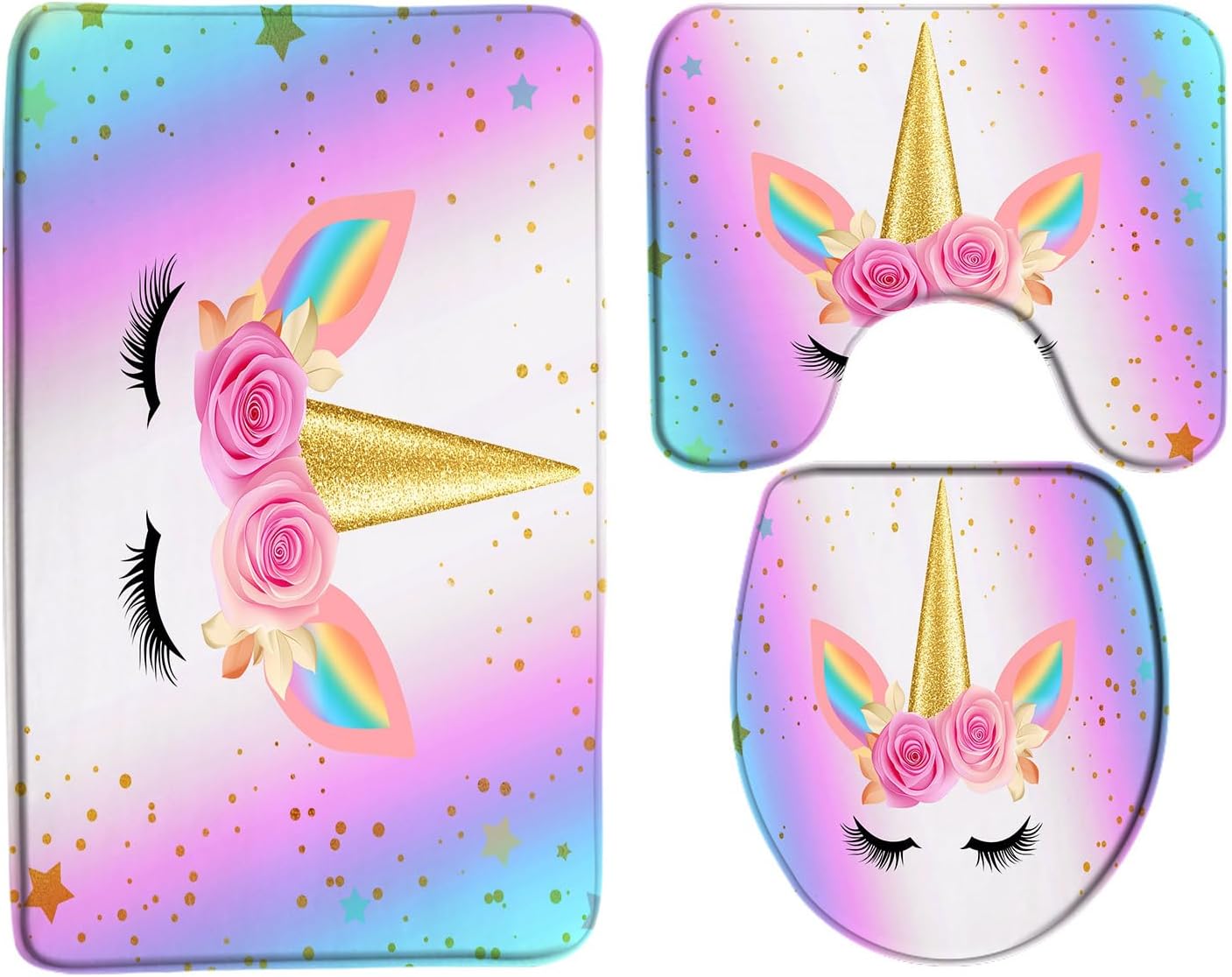 3 Piece Bath Rug Mat Sets Fantasy Magic Head Pink Rose Flower Rainbow Romantic Twinkle Star Cartoon Animal Kids Girl Baby Bathroom Doormat Rugs, Toilet Seat Cover, U-Shaped Toilet Floor Mat