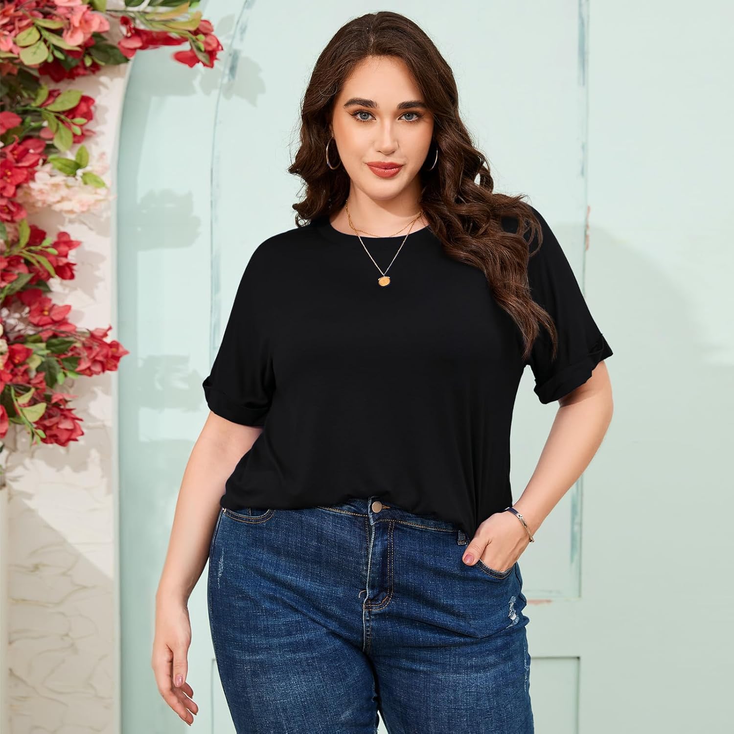 LARACE Plus Size Tunic Tops for Womens Summer Shirts Roll Up Short Sleeves Blouses Loose Fit Tee Shirts Womens Casual Tops - Image 5