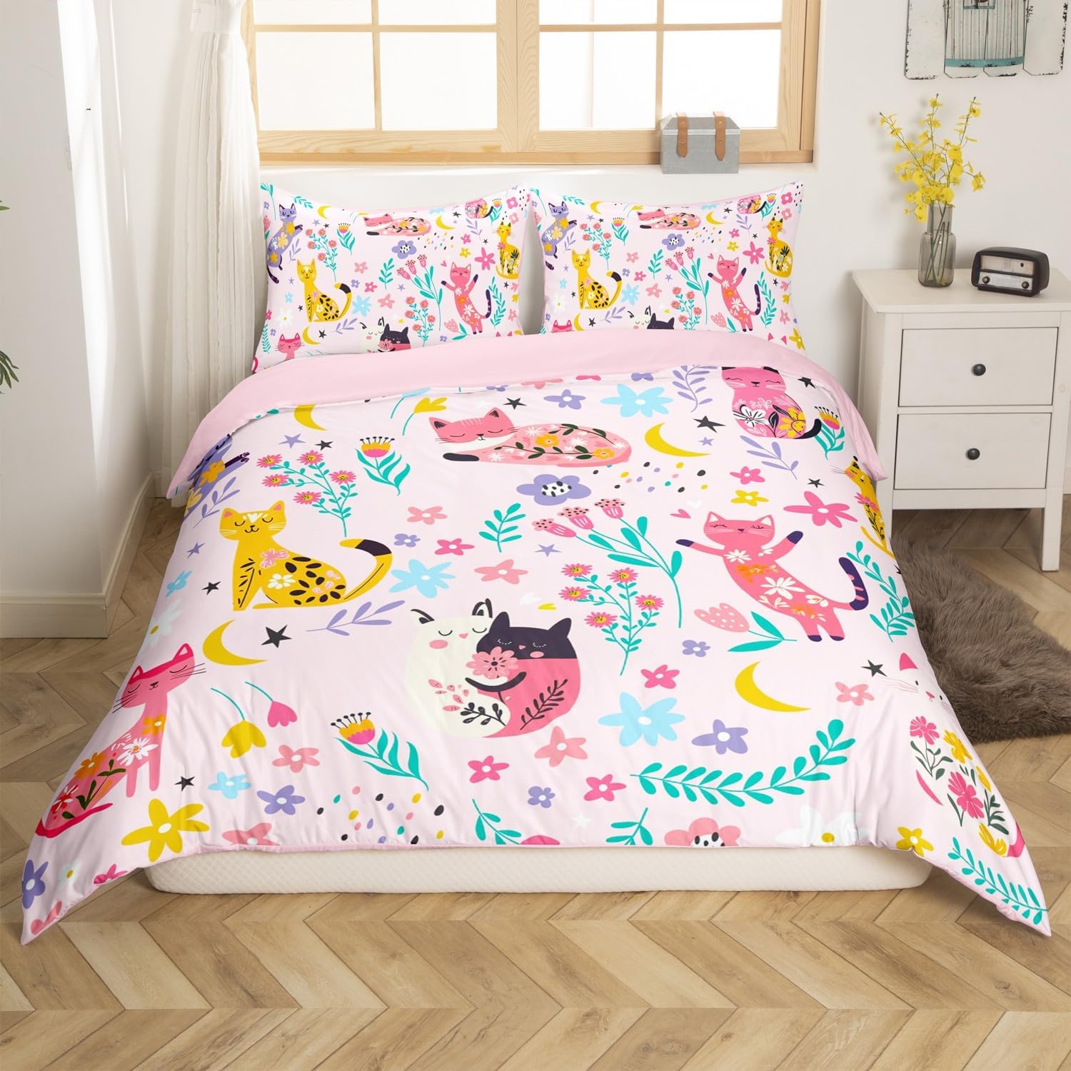 Erosebridal Kawaii Cat Comforter Cover Twin for Girls,Pink Floral Duvet Cover,Kids Cartoon Animal Bedding Set,Flower Bed Set for Children Girls,Cute Cat Bedspread Cover with Zipper Closure,Pink