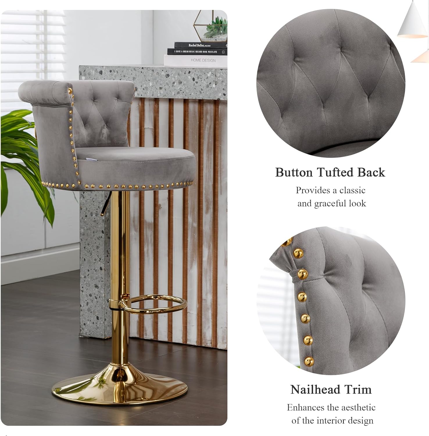 Velvet Swivel Bar Stools Set of 2, Adjustable Counter Height Bar Stool with Button Tufted and Nailhead Trim, Roll Rim Barstool with Back and Footrest for Kitchen Island, Pub (Gray)
