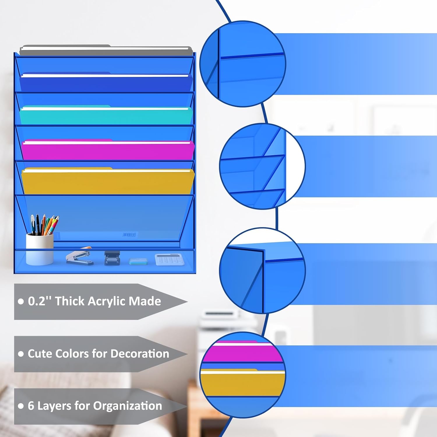 Gelite Hanging File Organizer Acrylic Clear Wall File Holder for Office Vertical Paper Organizer Wall Mounted Magazine Rack, 5 Pockets, Blue