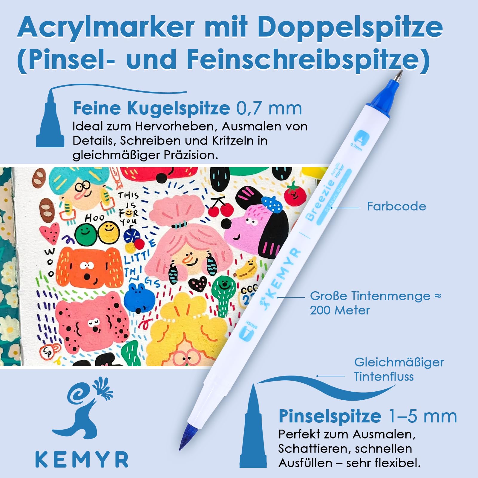 KEMYR Acrylstifte 48 Farben,1-5mm Pinsel Acrylmarker&0,7mm Acryl Gelstifte | Doppelspitze Acrylstifte wasserfest für Stein, Holz, Glas & schwarzes Papier, ideal zum Malen,Journaling&DIY Crafts
