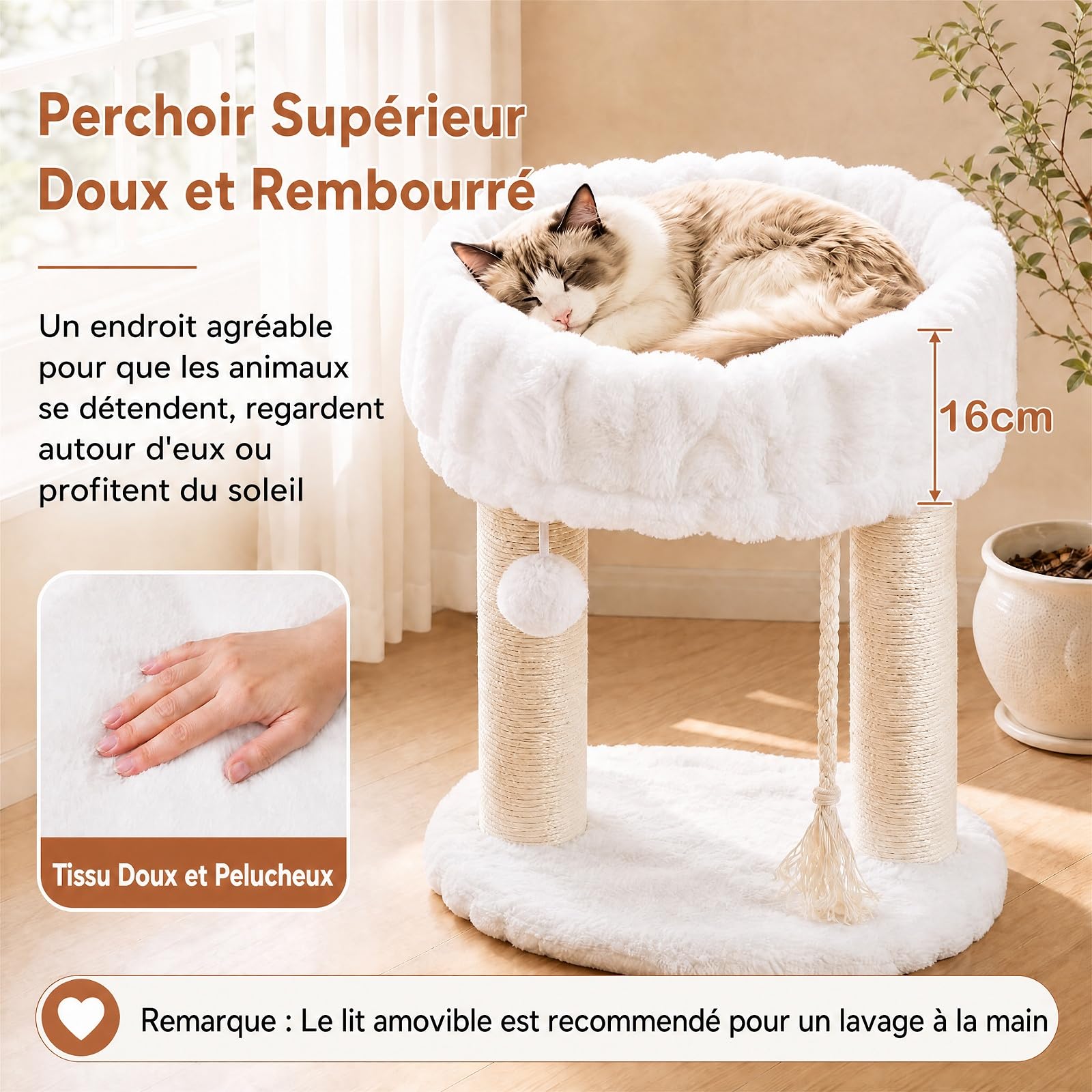 GOPLUS Petit Arbre a Chat à 2 Niveaux, Tour de Jeux pour Chats (Blanc) | Centre d’Activité 40x40x50CM avec Perchoir Rembourré en Peluche, 2 Poteaux Griffoir, Perchoir Doux, Corde et Balle Suspendue