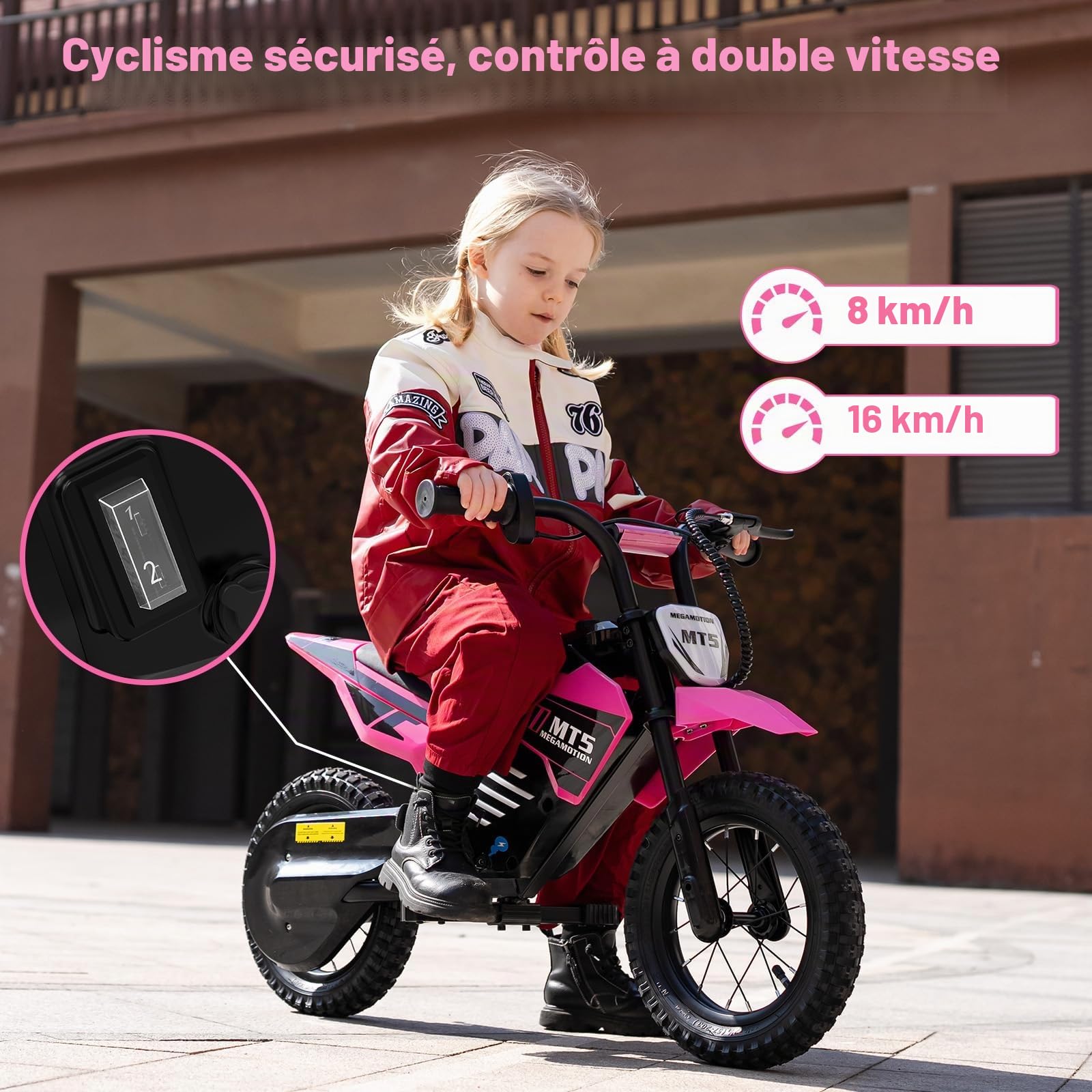 Moto Électrique Enfant 150W, 2 Vitesses 8/16 km/h, Batterie 5,2Ah, Autonomie Jusqu’à 15 km, Pneus Gonflables 12 Pouces, Frein à Tambour, Lumières LED, Charge Max 40 kg