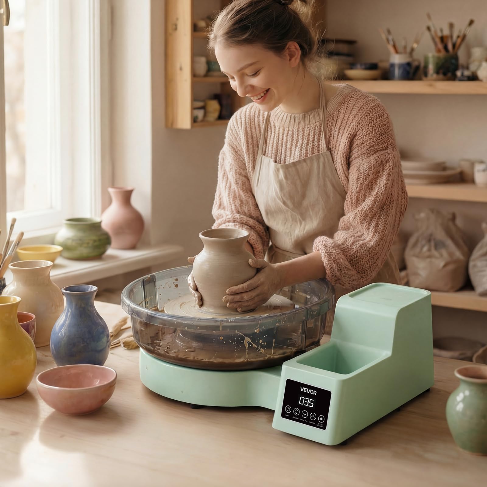 VEVOR Tornio Girevole da 36 e 28 cm Verde Vasca Rimovibile, Giradischi per Ceramica da Tavolo da 450 W con Pedale, velocità Regolabile da 30 a 300 Giri/min, per Principianti Artigianato Fai da Te