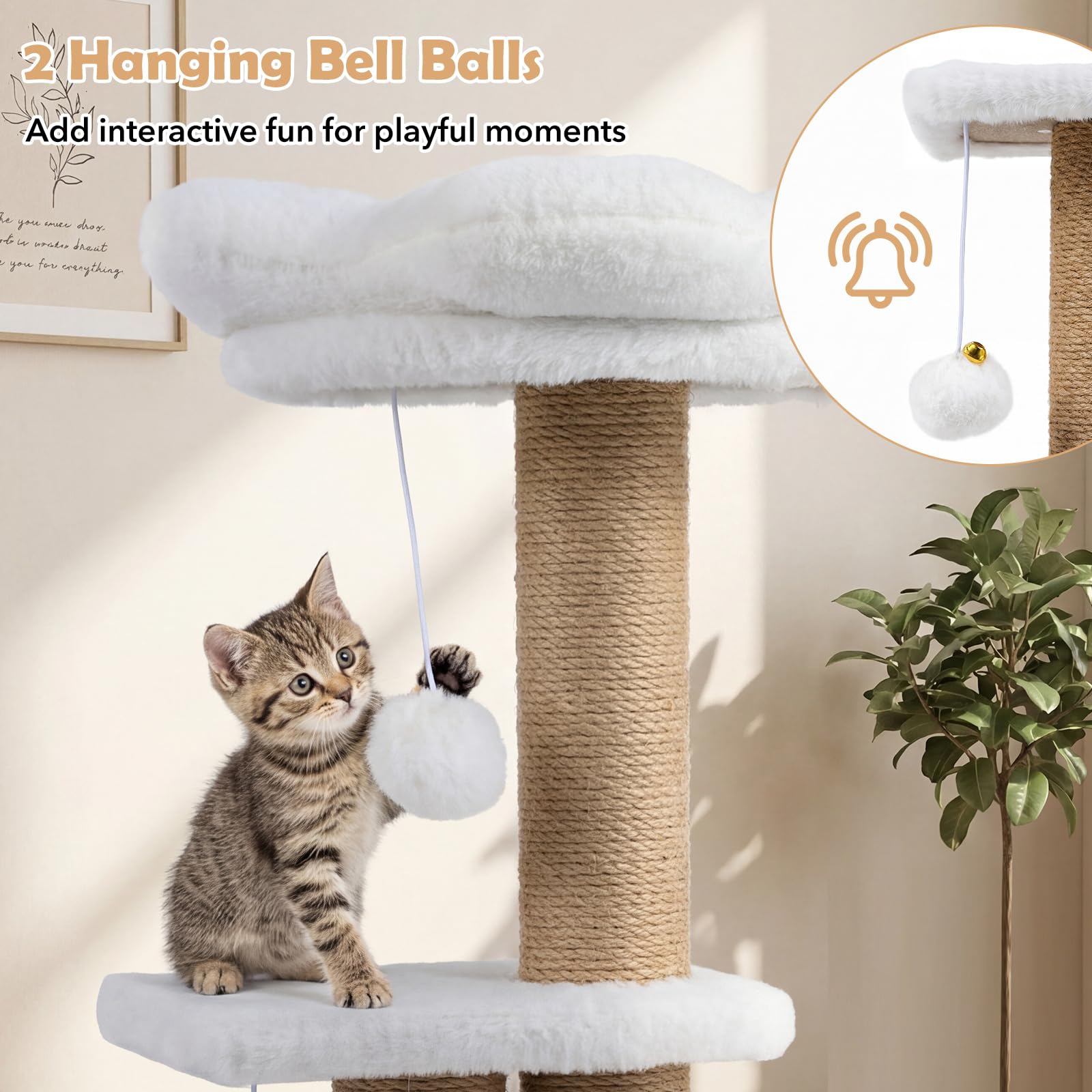 FANTASK 96 cm Katzenkratzbaum mit Katzenhöhle, Plattform, Katzenbett, 2 Spielbällen & Jute-Stämmen, Stabiler Kletterbaum für Katzen (Beige)