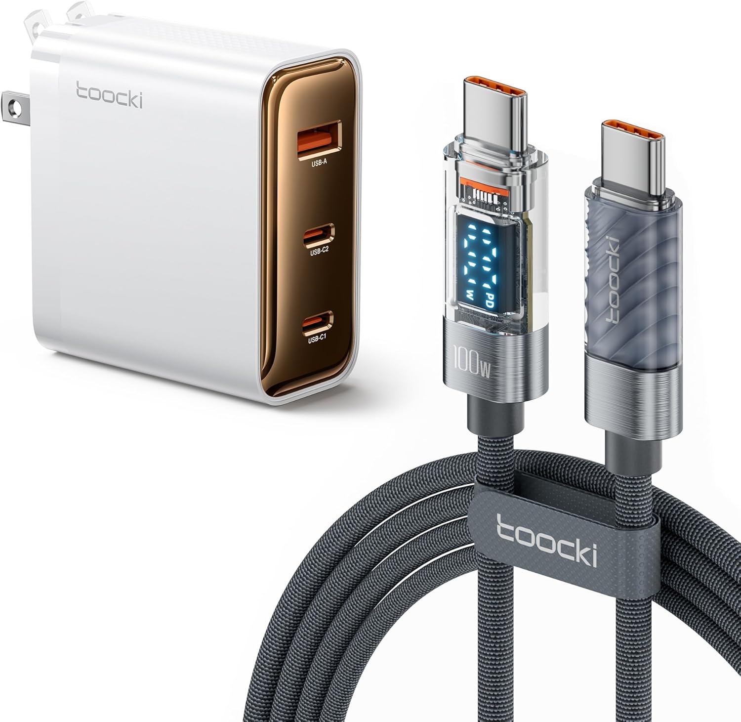 toocki 100W GaN 3-Port Charger and 6.6ft USB-C to USB-C Cable