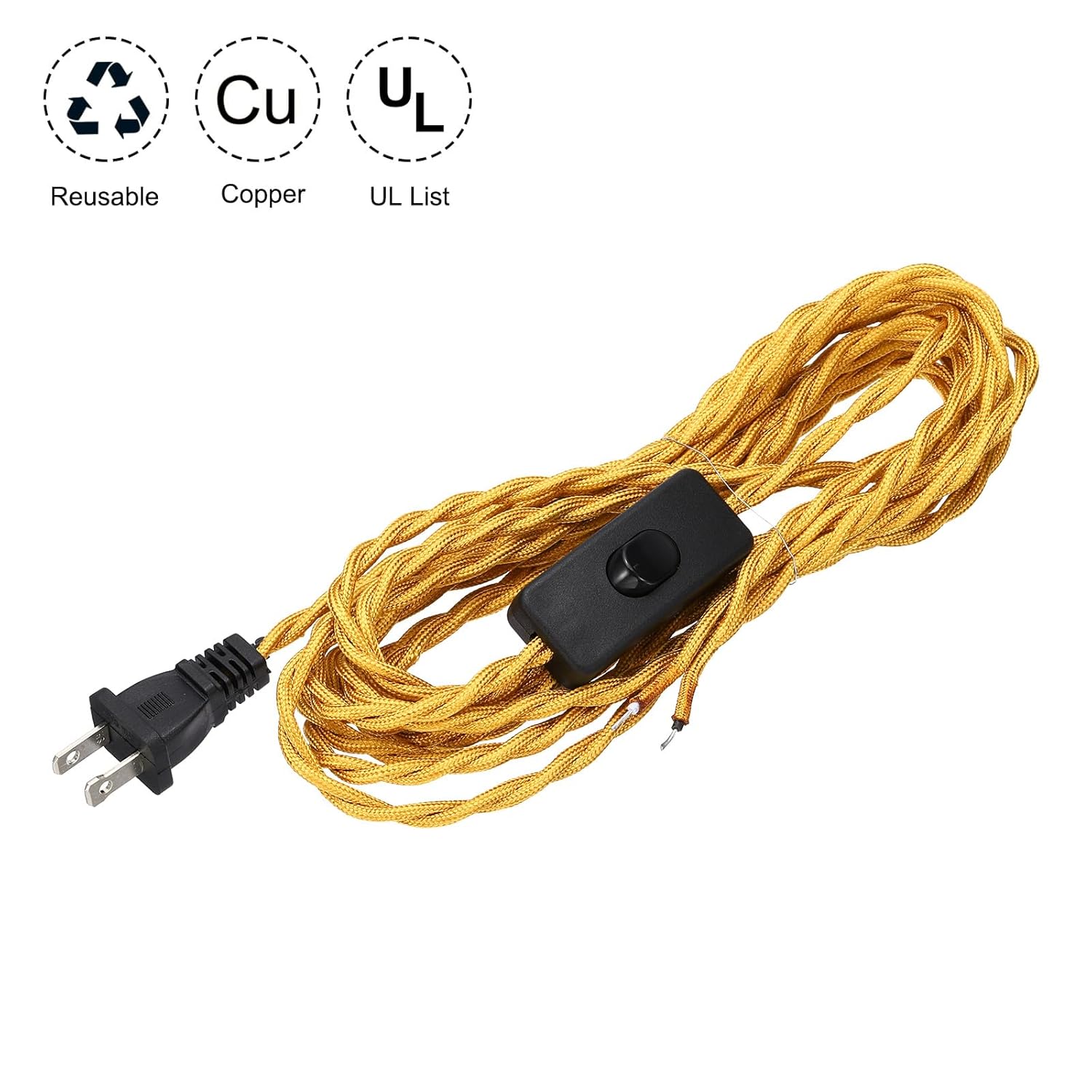 uxcell 15Ft 18/2 Cloth Covered Lamp Cord with Plug, 3 Pcs Vintage Electrical Lamp Cord with Stripped Ends for Extension Wiring DIY Repairing, Golden