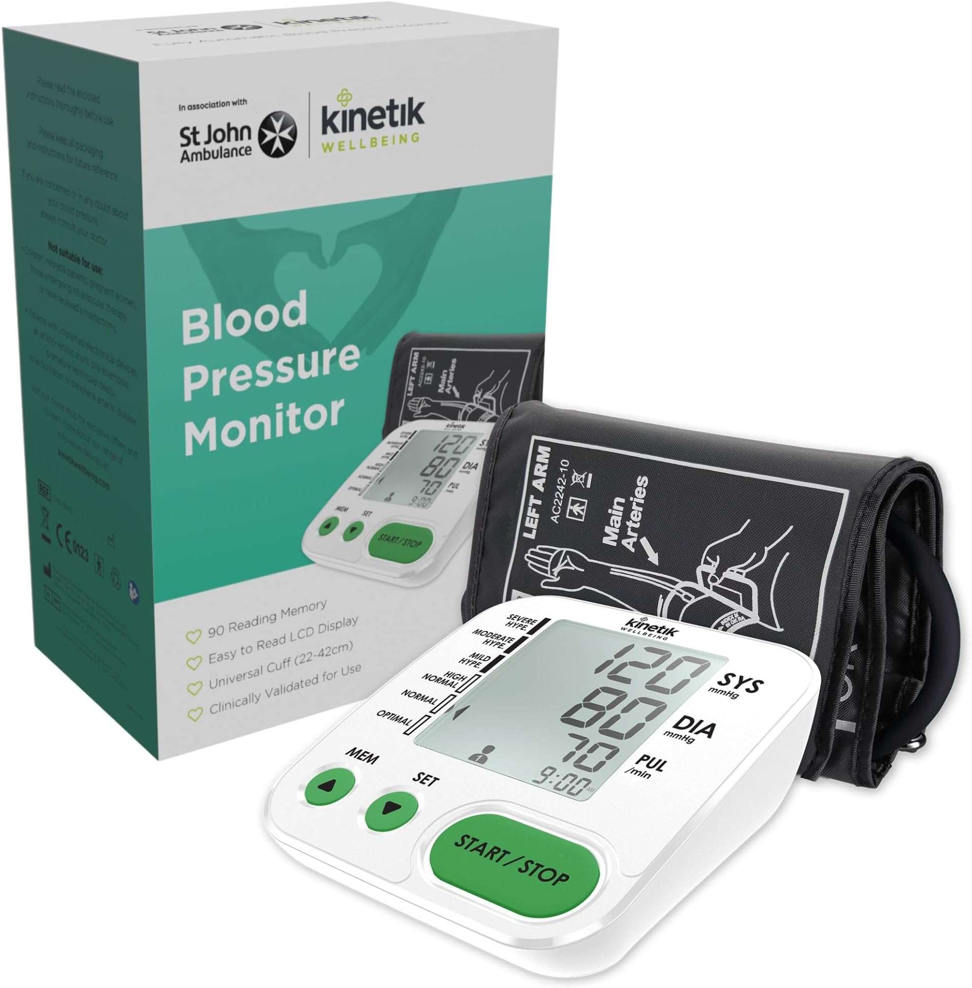 Kinetik Wellbeing Home Use Blood Pressure Monitor - Used by the NHS - Fully Automatic Upper Arm Blood Pressure Machine with Universal Cuff (22-42cm), Digital Sphygmomanometer Tester Kit