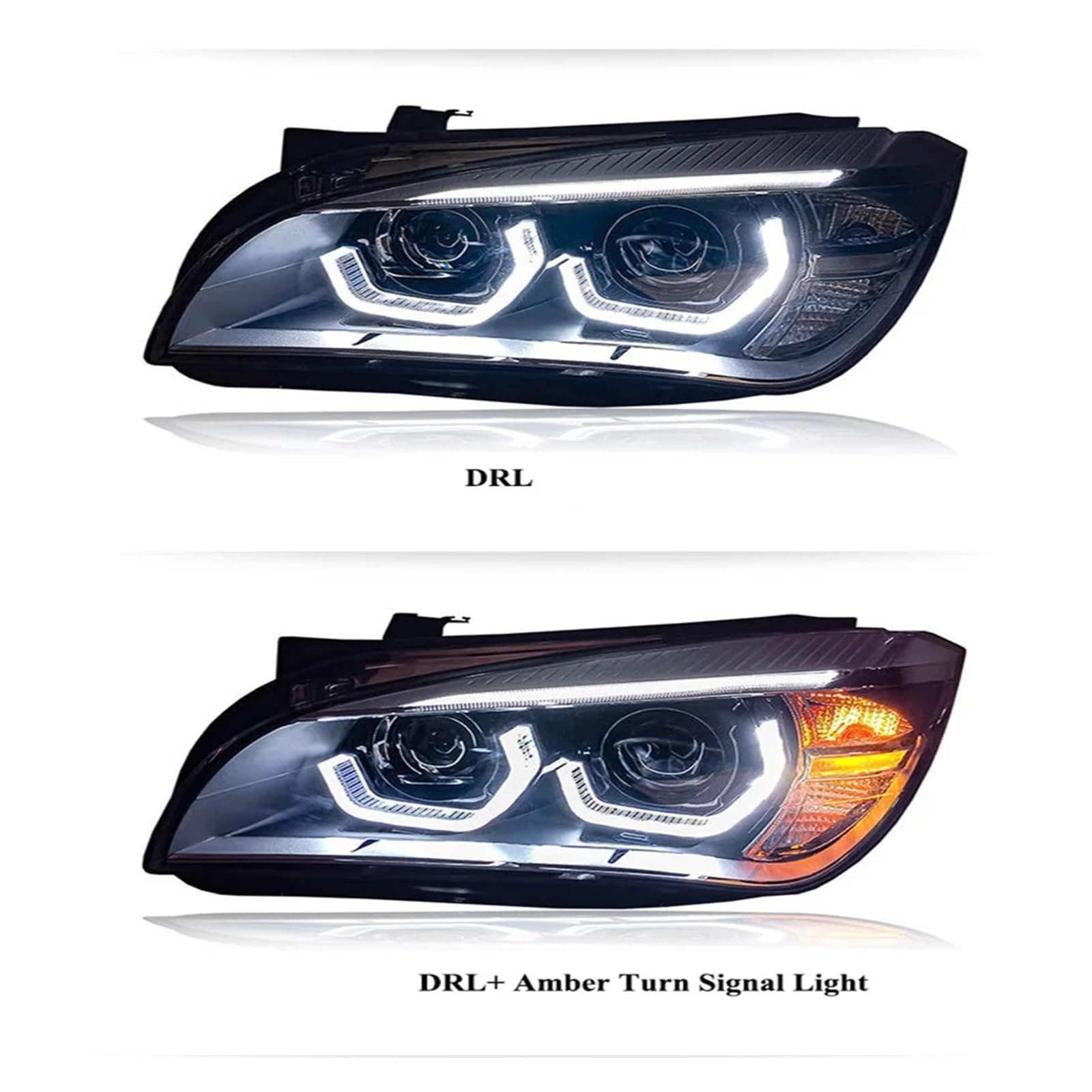 Coppia di fari auto compatibili con BMW X1 E84 2011-2015, accessori DRL ambra, indicatori di direzione, fari Plug and Play(With LED Bulbs)