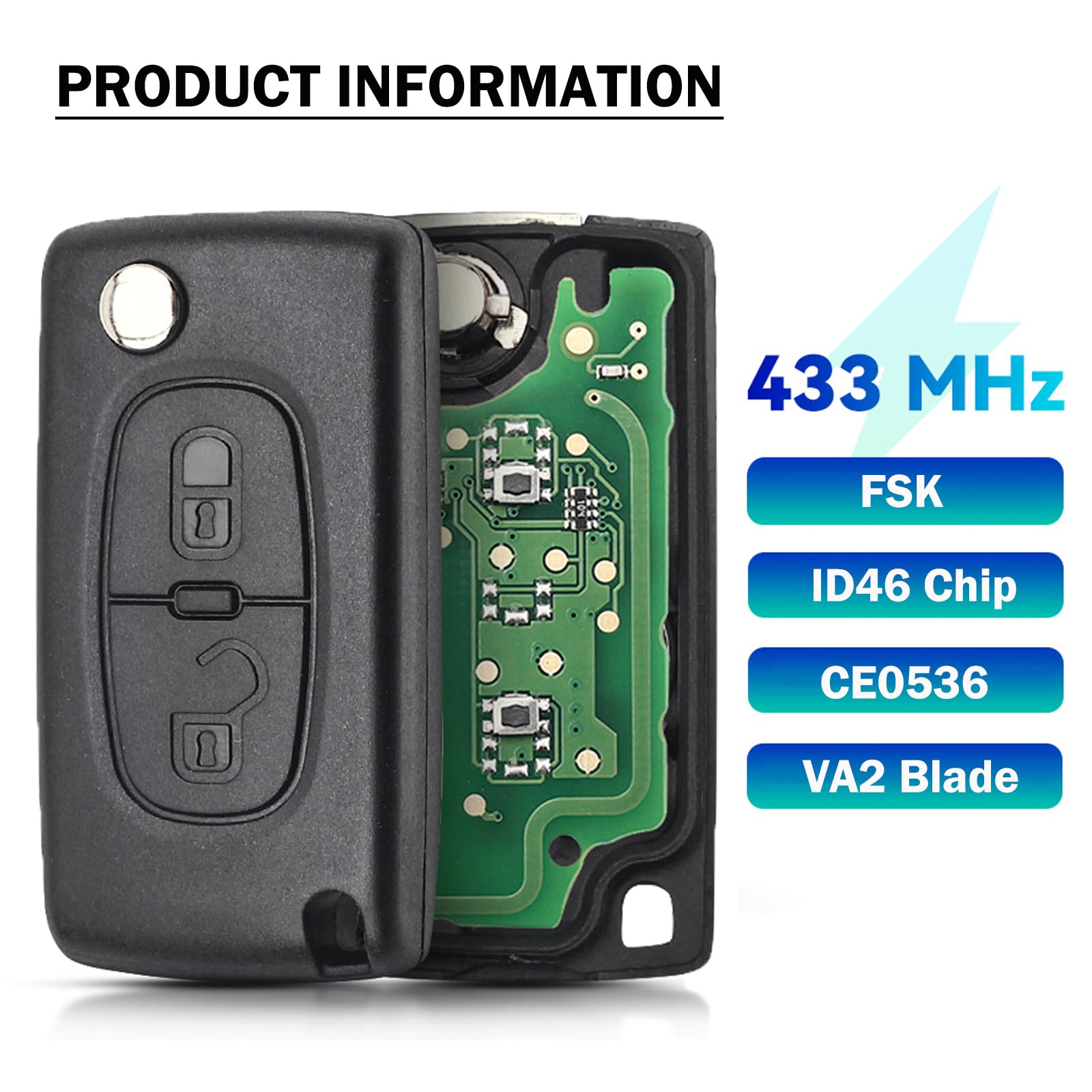 FSK Chiave Telecomando Completo, 2 Tasti Auto Guscio Chiave, 433 MHz con ID46 PCF7961 Elettronico Chip Radiocomando per Peugeot 207 307 308 407, Citroen C2 C3 C4 C5 -CE0536 - VA2