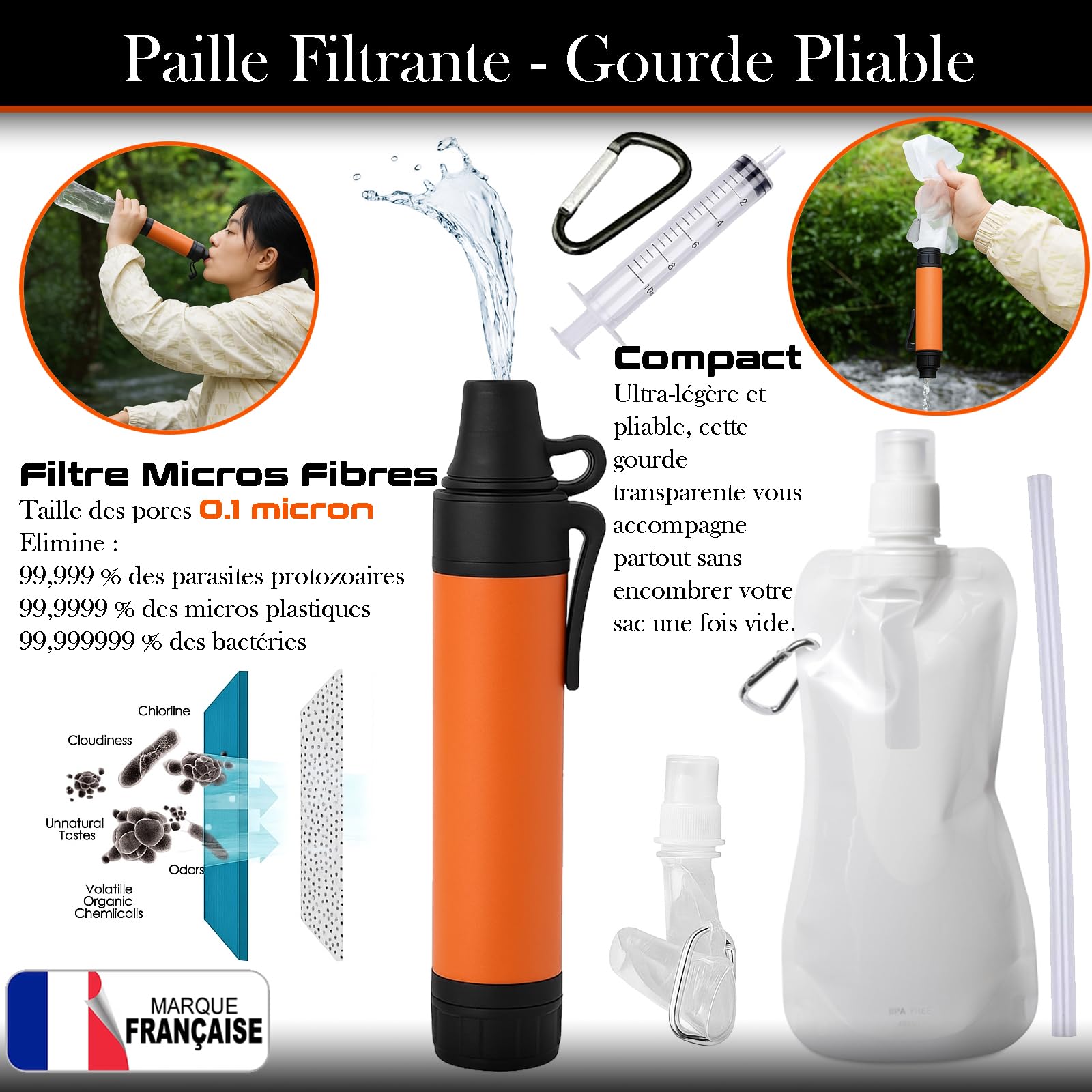 Kit de Survie Complet Francais Haute Qualité + Trousse de Secours + Paille Filtrante + Outils Multifonction + Pince Multifonction, Couverture de Survie, Kit de Survie Randonnée, Camping, Bushcraft