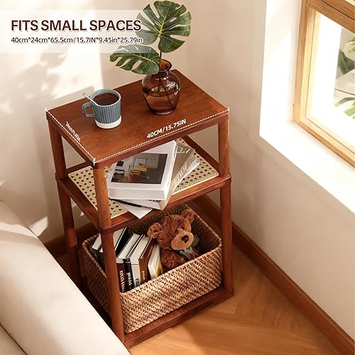 Miniatura 6 de GERYMU Mesa auxiliar de ratán, mesa auxiliar estrecha para sofá, mesita de noche alta para espacio pequeño, mesita de noche delgada con estorga,