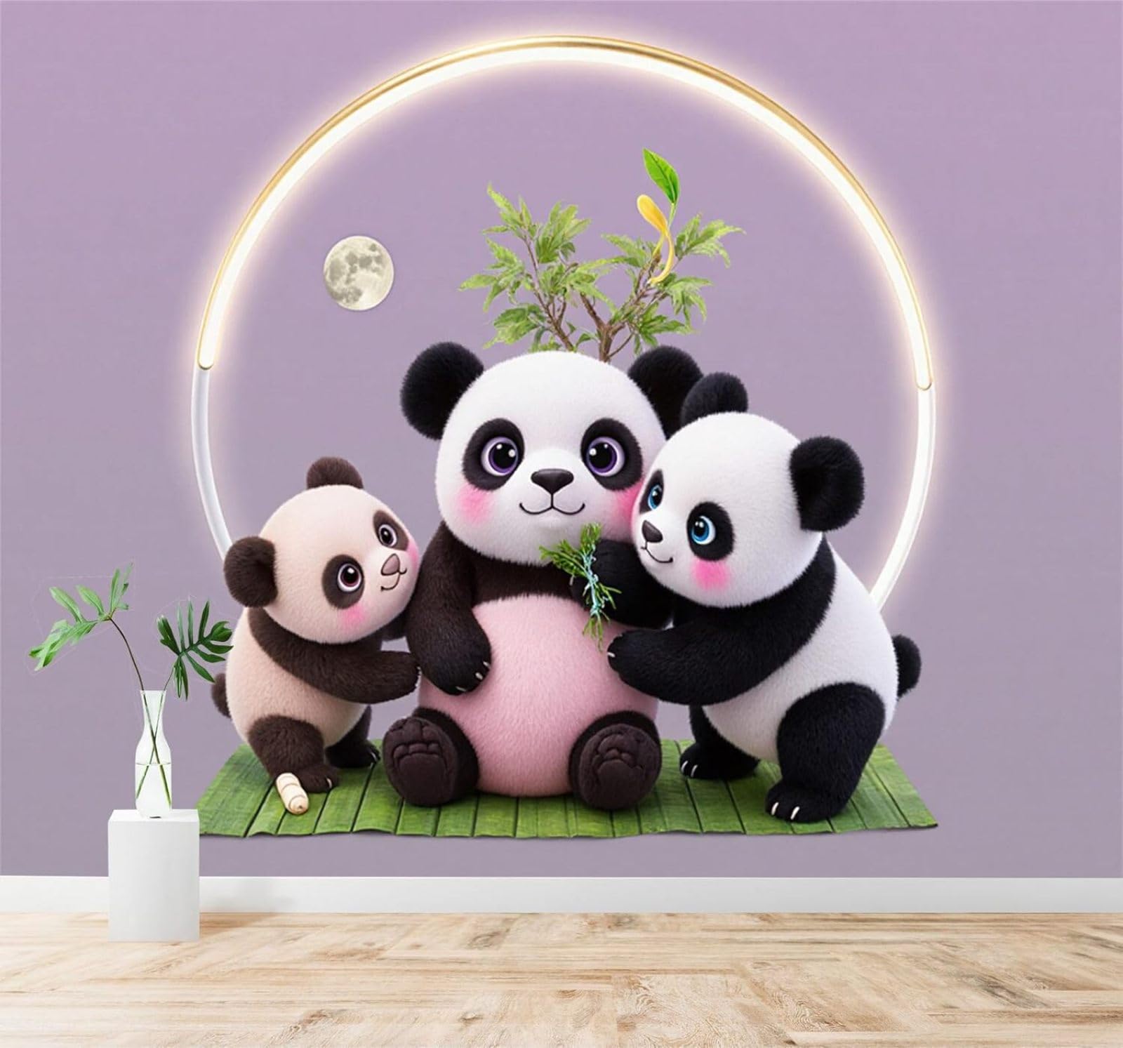 XLMING Minimalist Moon Bamboo Cute Panda Family 3D Wallpaper Silky Texture Home Study Office Grey Dining Room Sofa Bedroom Living Room TV Backdrop-250cm×170cm