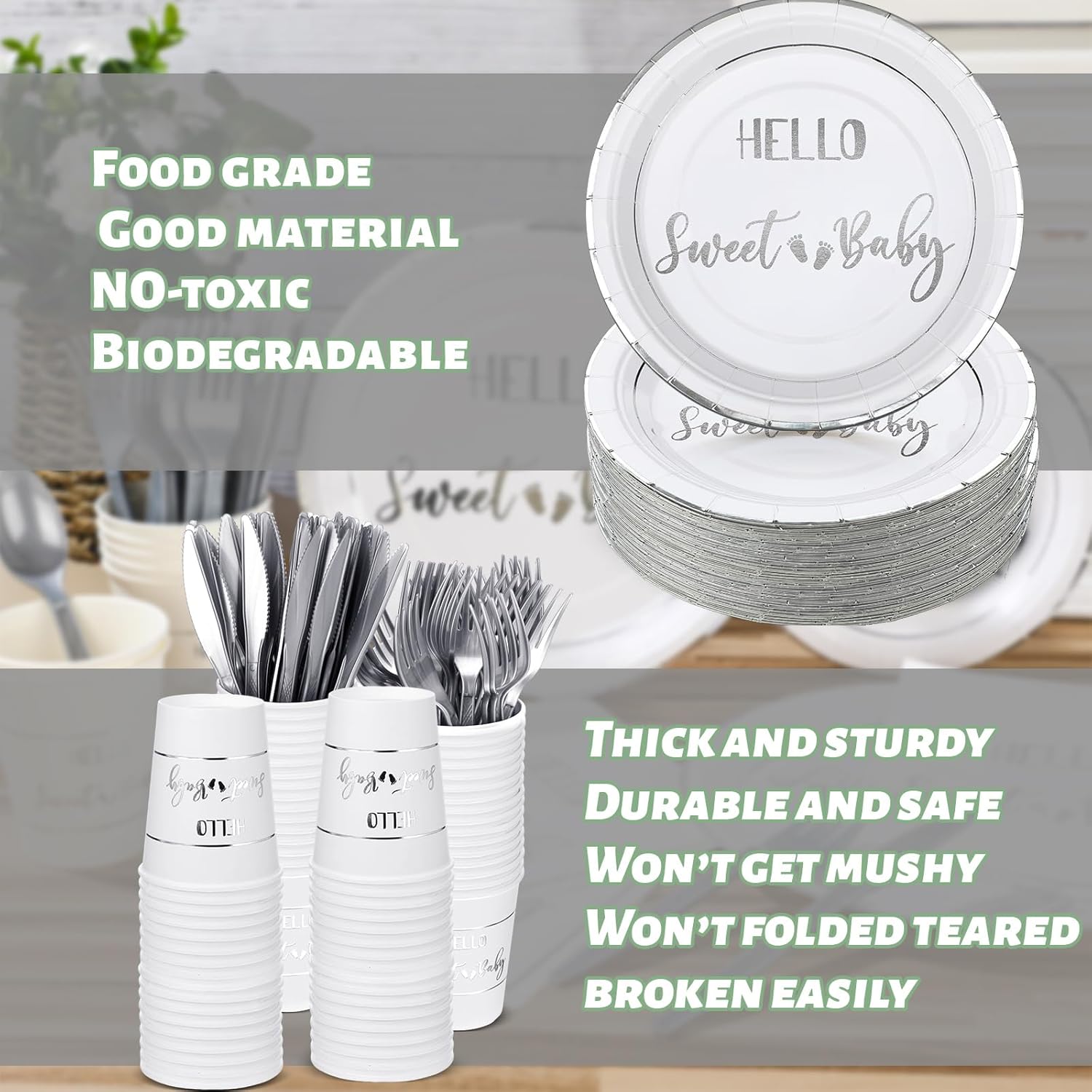 Yungyan 400 Pcs Baby Shower Dinnerware for 50 Guest Baby Shower Paper Plate Napkin Set Gender Reveal Plate Napkins Cup Footprint Disposable Knives Fork Spoon Gender Reveal(Silver,Hello Sweet)