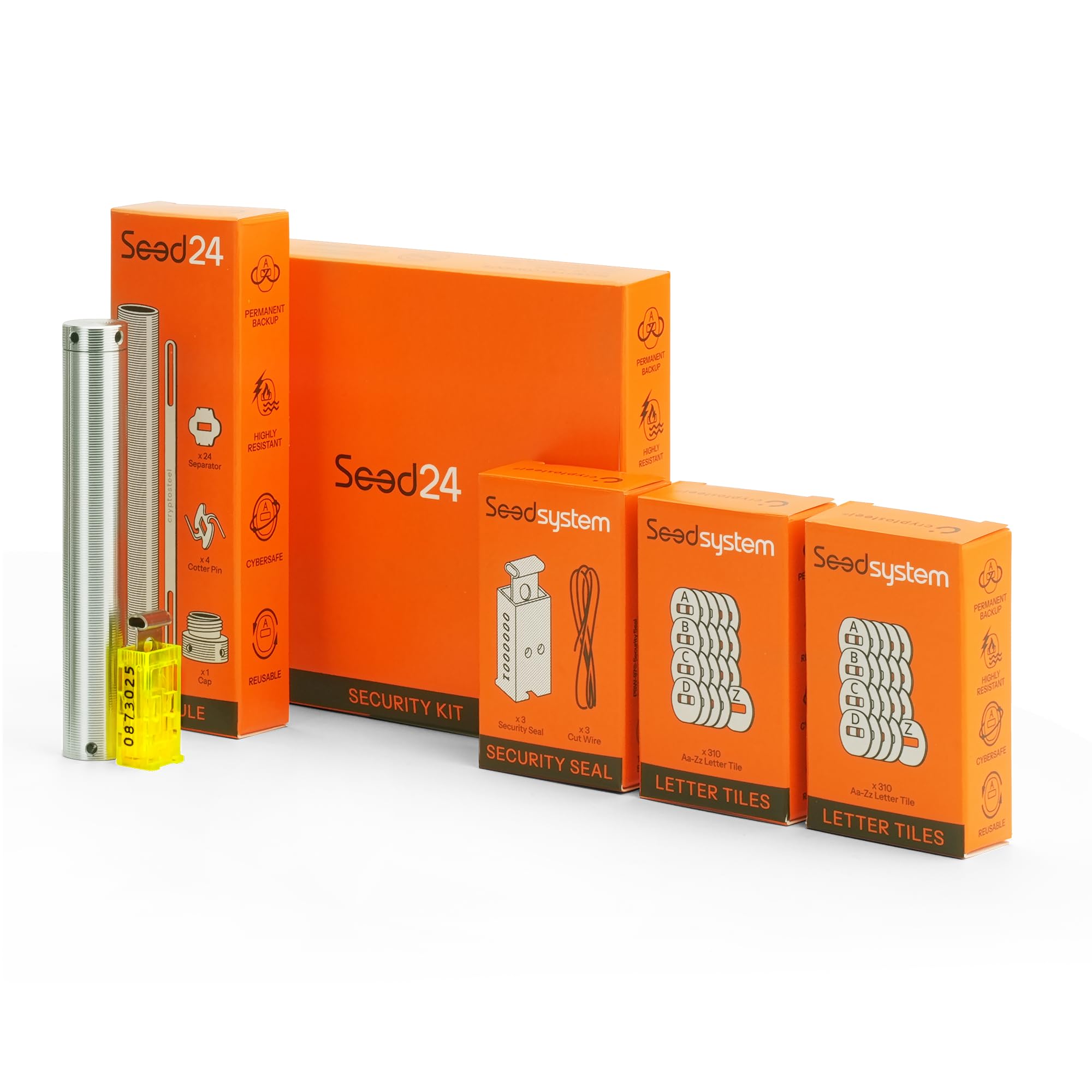 Cryptosteel Seed24 Security Kit (NEUHEIT) – Crypto Seed Phrase Storage aus Edelstahl – Metall Seed Backup für 24 Wörter (BIP39) – werkzeugfrei, Capsule, Siegel – feuerfest & wasserfest