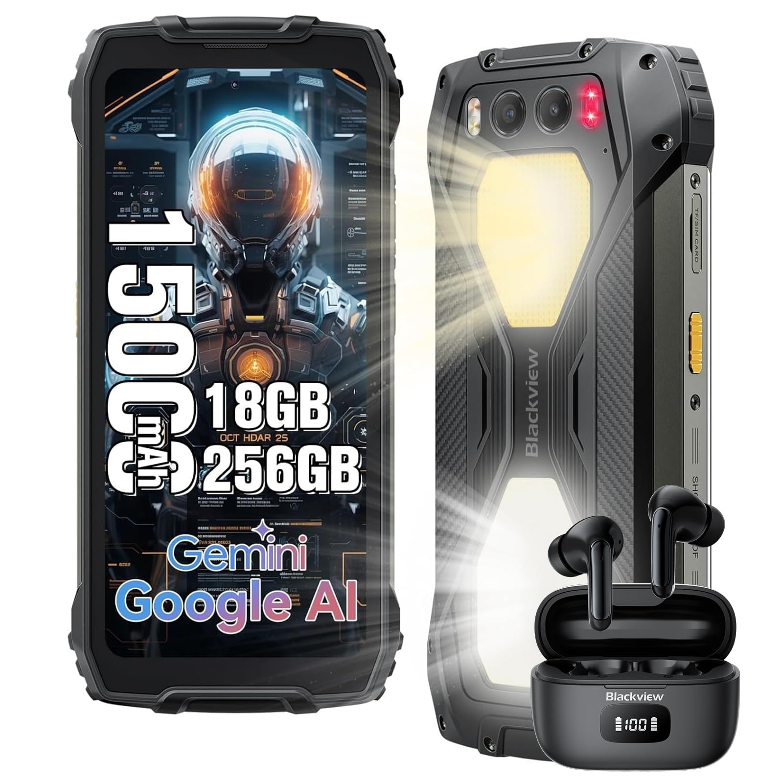 Blackview BV7300 Rugged Phone, 15000mAh/45W, Dual 800LM Camping Light, Night Vision Camera, 18GB+256GB/2TB Rugged Smartphone Unlocked Gemini AI, 50MP+32MP+20MP, 6.67" 90Hz, Android 14/Glove Mode/NFC