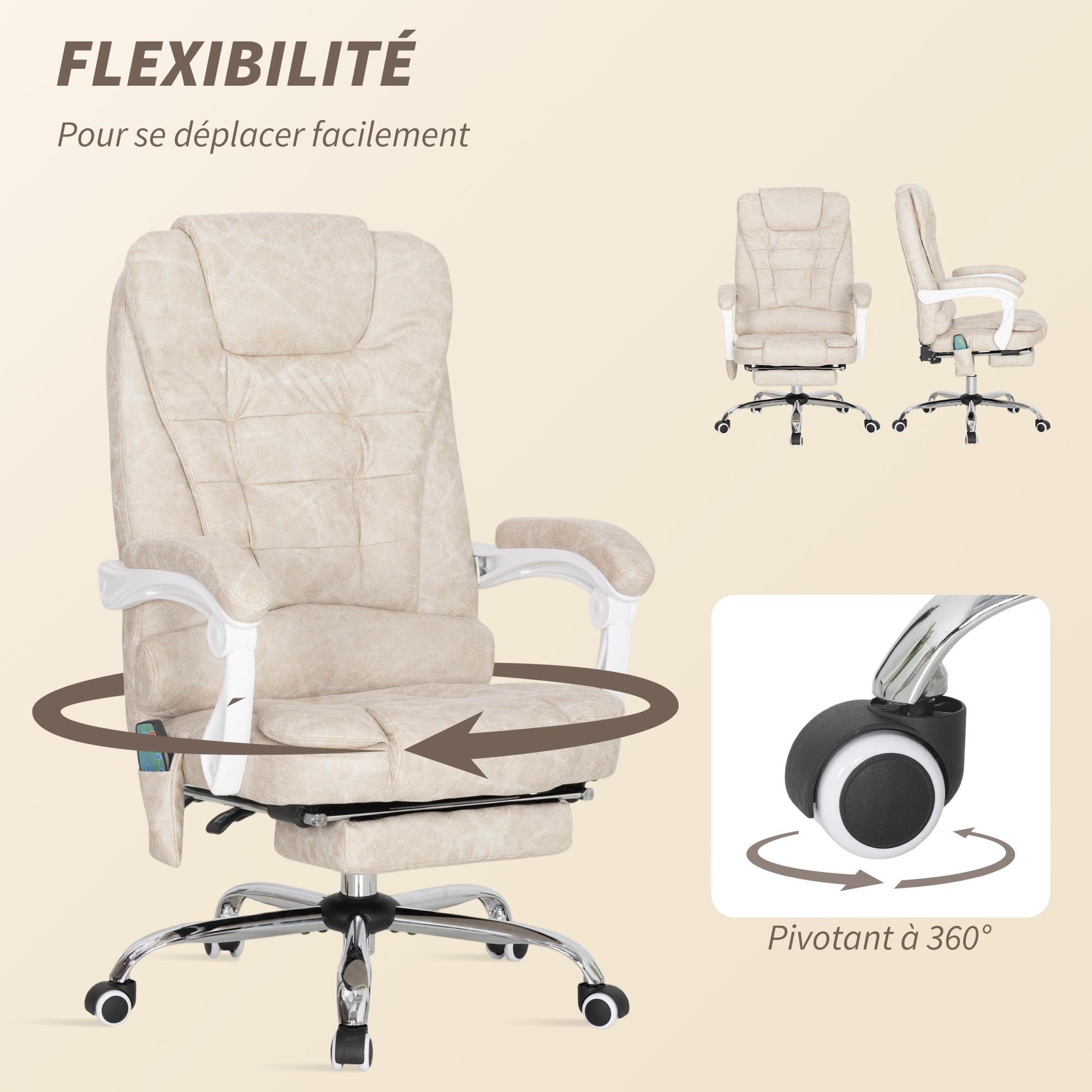 Vinsetto Poltrona da ufficio massaggiante e riscaldante, sedia da ufficio ergonomica con altezza regolabile, schienale reclinabile, poggiapiedi, telecomando cablato, girevole a 360°, tessuto in