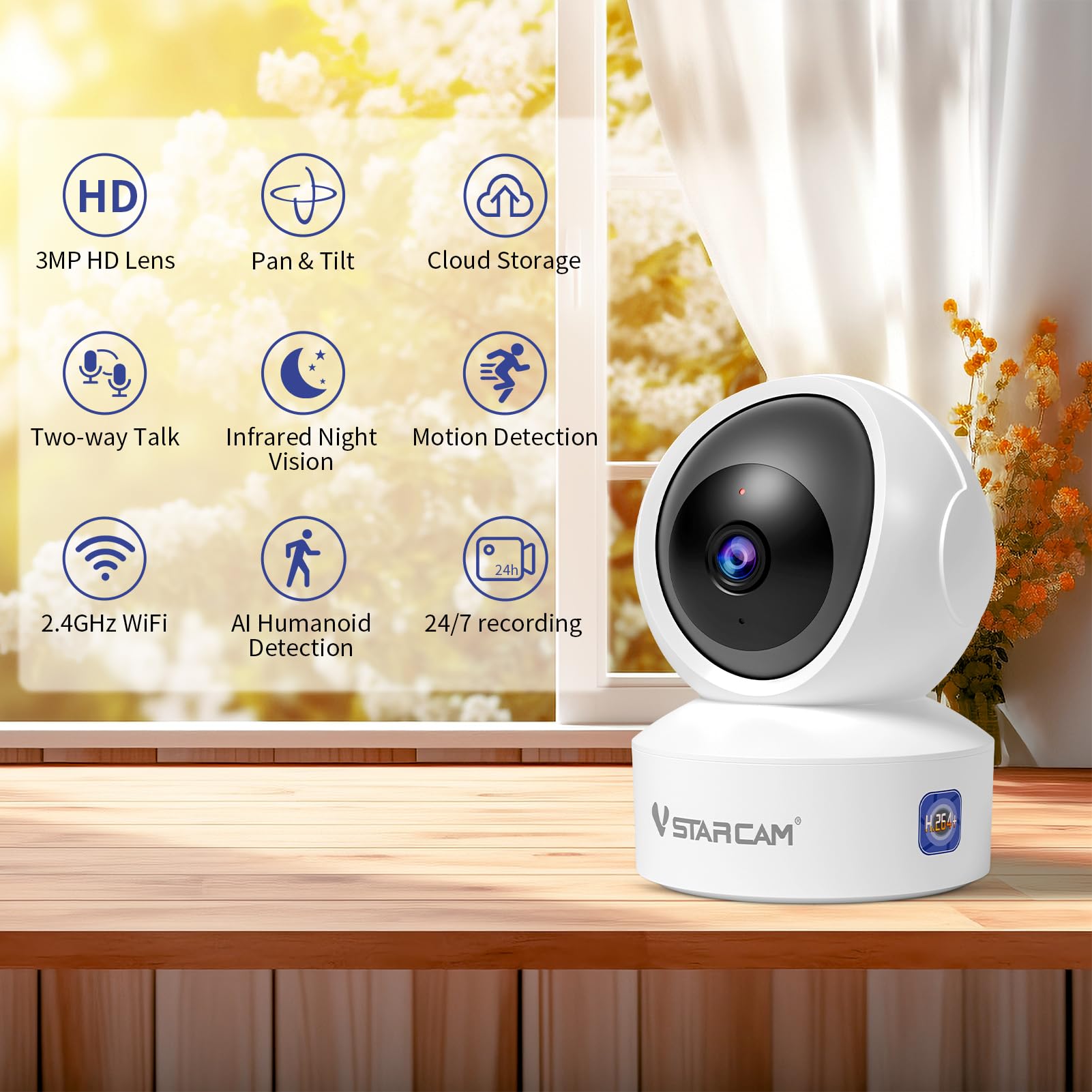 VSTARCAM Caméra interactive 720p WiFi 2,4G pour chat avec vision nocturne infrarouge et détection de mouvement