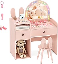 LIFEZEAL Makeup Mirror for Girls 3+ Years Old, with Lights, Stool, Chair, Dressing Table Rabbit, Makeup Stool, Vanity, Drawers, Open Compartments, Accessories, Bedroom (Pink)