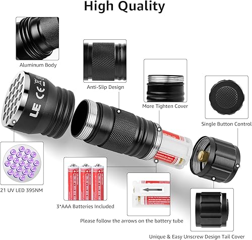 Miniatura 10 de LE - Linterna de luz negra pequeñas luces UV con 21 LED 395 nm detector de luz ultravioleta para bolígrafos de tinta invisible manchas de orina para
