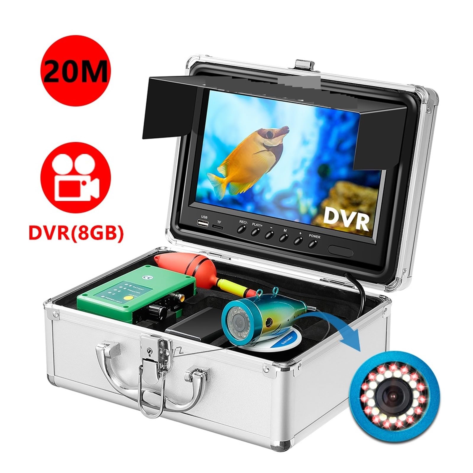 Kamera do wędkowania podwodnego, Podwodny aparat wędkarski Przenośny Wędkarstwo podlodowe Wideo podwodne Lokalizator ryb 9 cali Monitor TFT 1000 TVL 30 szt. Światła Wodoodporna kamera Wędkarstwo łodzi