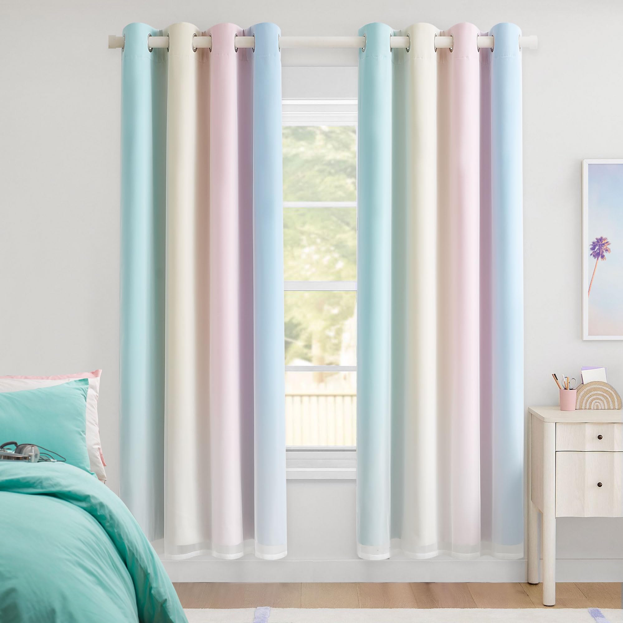 Geomoroccan 100% Blackout Curtains with Sheer Overlay Mix and Match Double Layer Drapes 72 Inch Length 2 Panels for Room Bedroom Room Ombre Rainbow