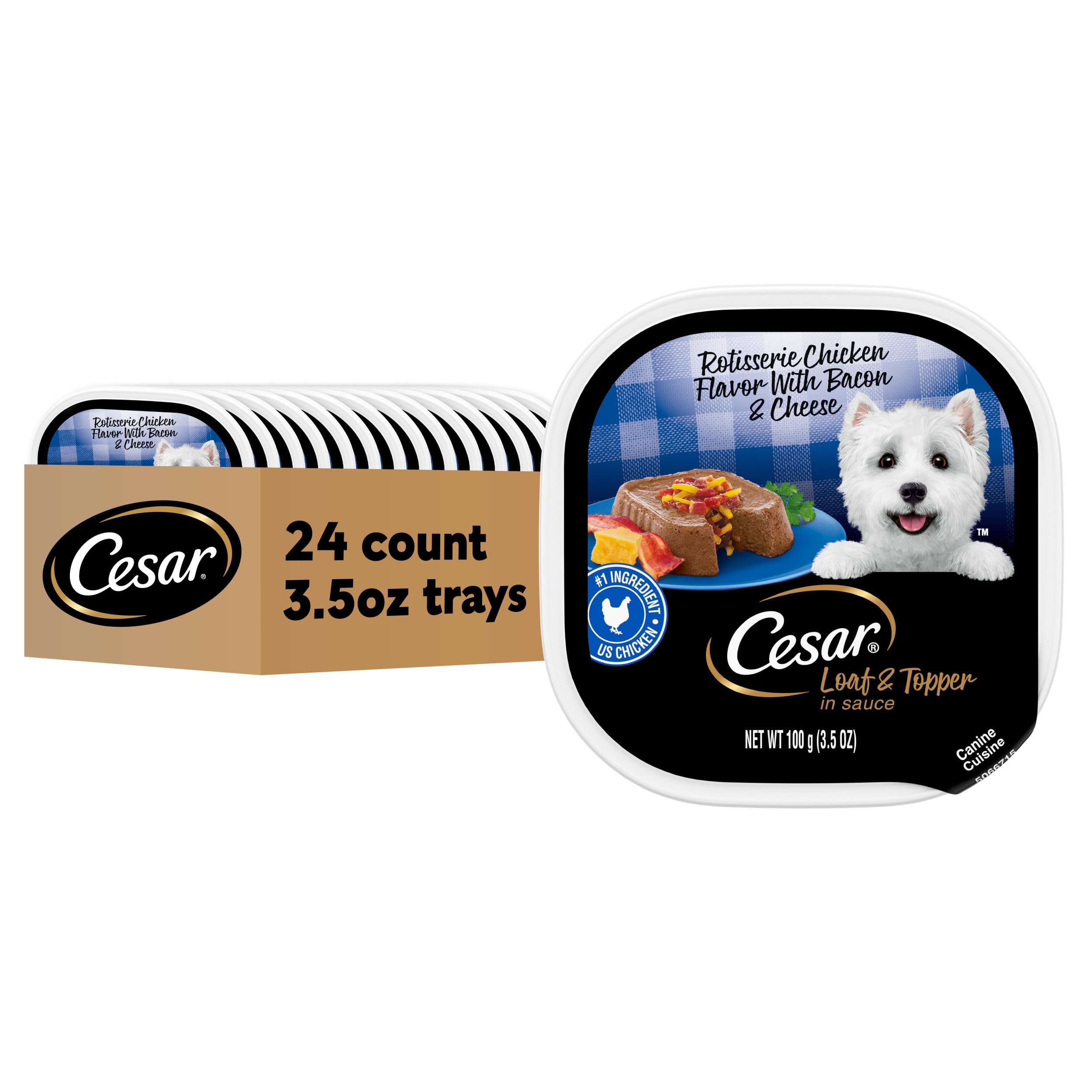 Cesar Loaf & Topper in Sauce Wet Dog Food, Rotisserie Chicken Flavor with Bacon & Cheese, Wet Food for Dogs, 3.5 oz Easy Peel Trays, 24 Count