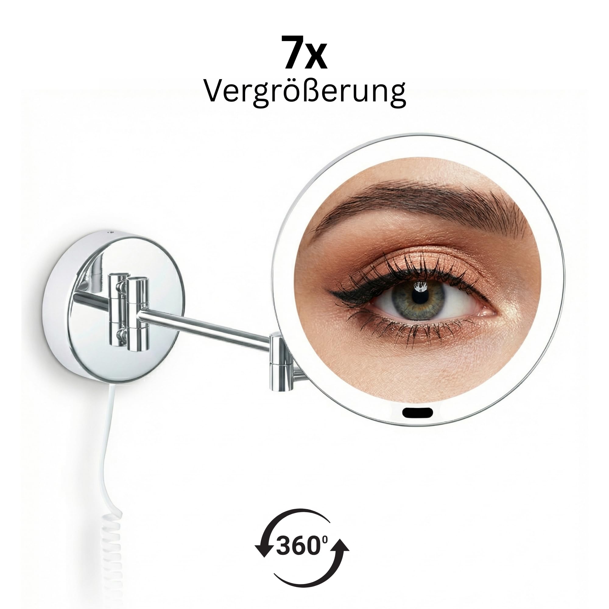 LED Kosmetikspiegel Vittoria – 7-facher Vergrößerungsspiegel mit Sensor & Dimmer – runder Schminkspiegel mit automatischer LED-Beleuchtung, ausziehbarem Gelenkarm & weißem Kabel, Wandmontage