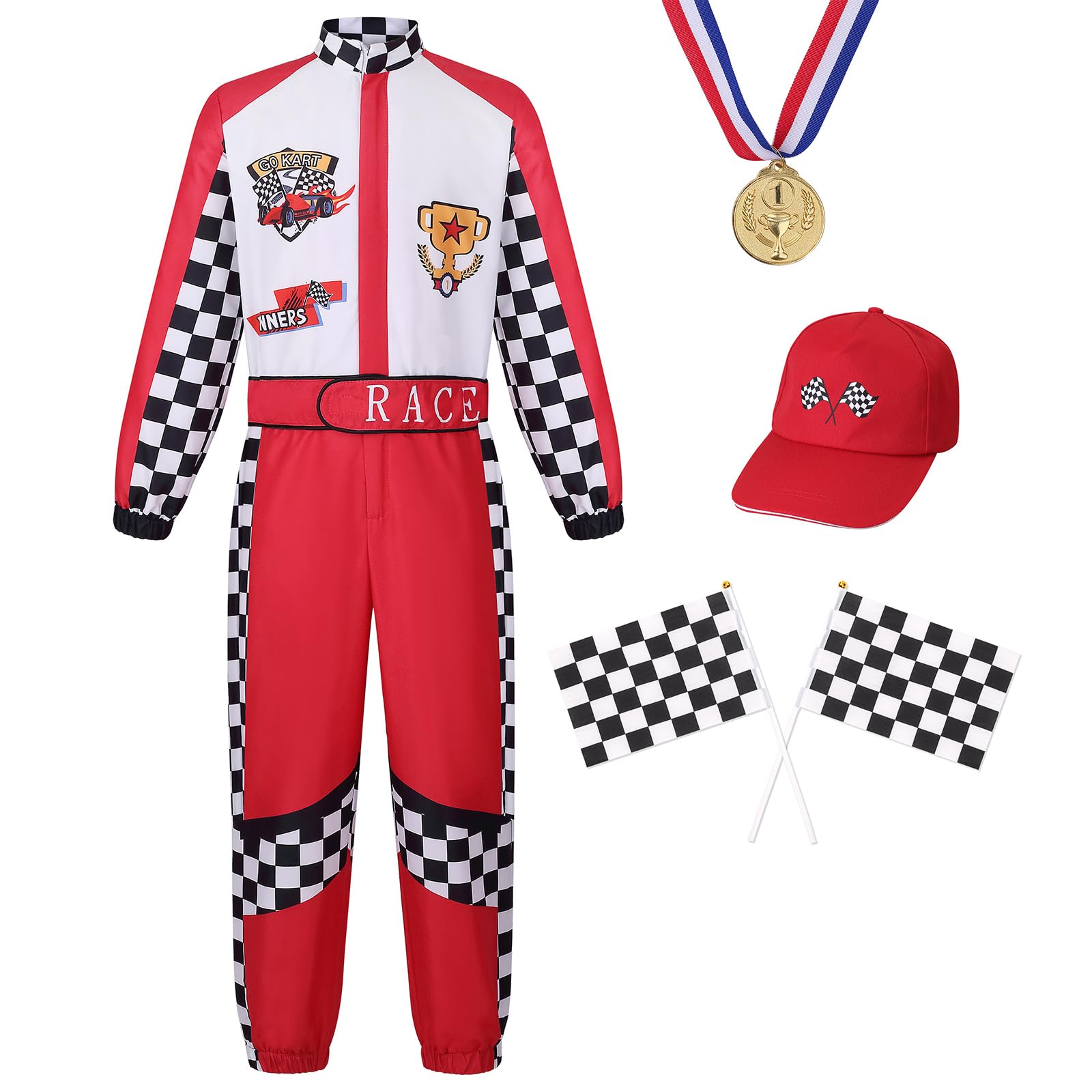 maxToonrain Deluxe Racing Driver Costume with Hat Kids F1 Driver Outfit for Halloween Role Play Christmas World Book Day (Red & White,7-8 Year)