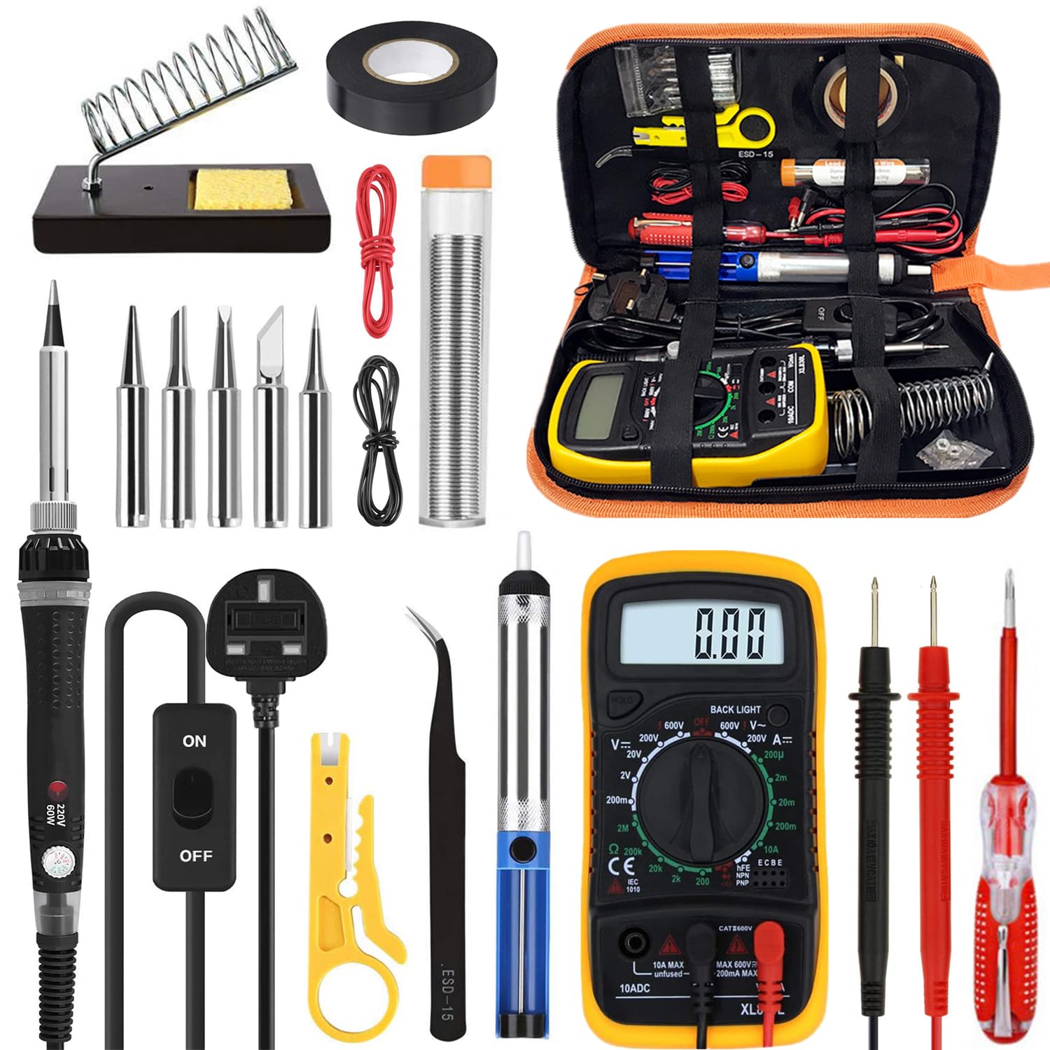 18 in 1 Soldering Iron Kit, 60W Soldering Iron with 5 Extra Tips, Soldering Kit with LCD Digital Multimeter, Stand, Desoldering Pump, Solder, Wire Stripper Cutter, Tweezers, Tape, Tool Bag
