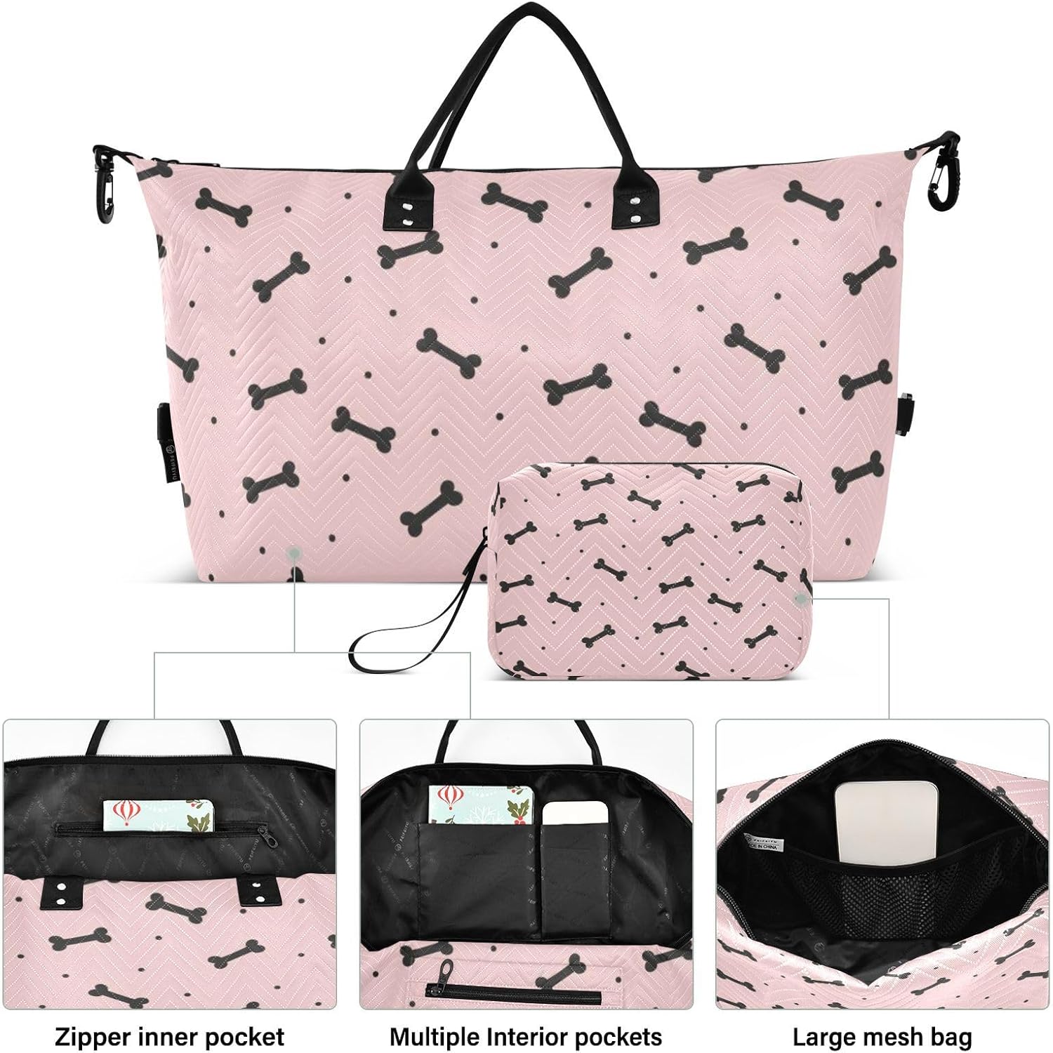 Black and Peach Bow Polka Dots Duffel Bag Carry On Personal Item Bag Sports Gym Bag with Toiletry Bag for Gym Waterproof
