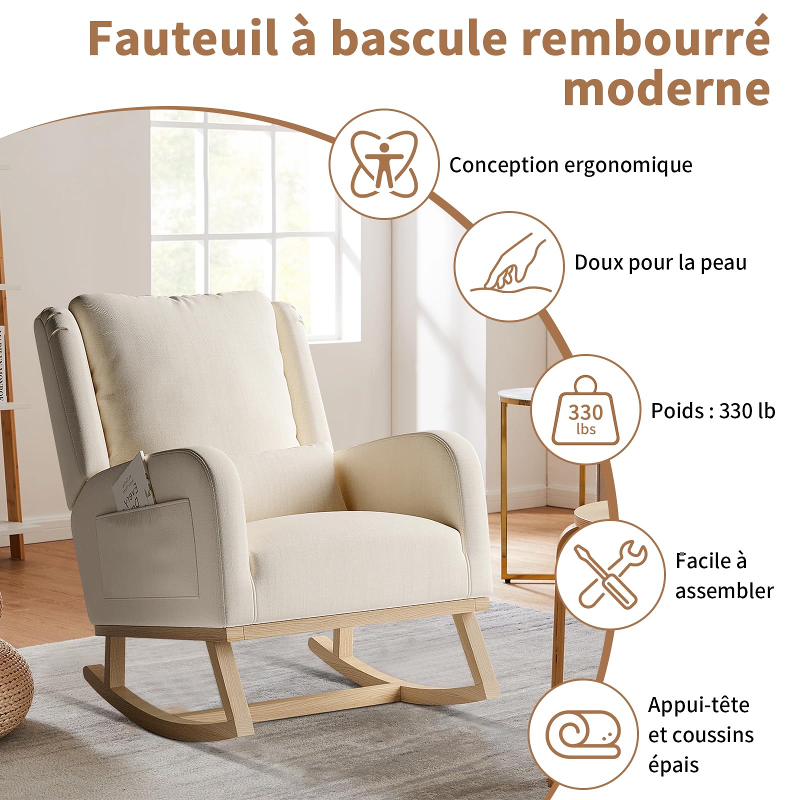 Rocking Chair,Living Room Rocking Chair Interieur,Chaise à Bascule avec Coussin Lombaire,Fauteuil Allaitement en Tissu en Lin avec Pieds en Bois Massif,Beige