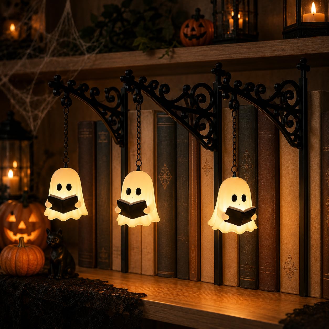 Ghost, lanterna decorativa per libreria, illuminazione decorativa per libreria, illuminazione in resina da appendere, decorazione per libri a LED, lampada da angolo per Halloween, vintage, patchwork