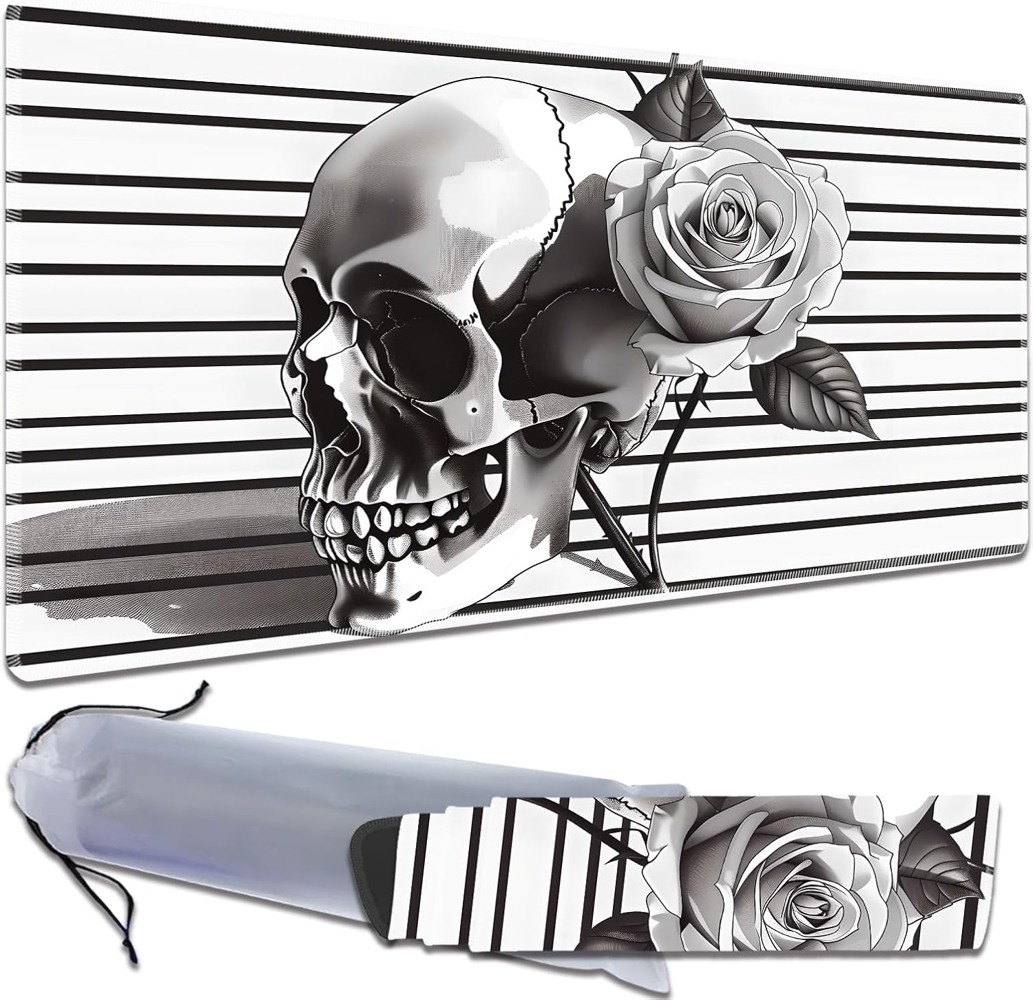 for MTG Playmat Non-Slip Rubber Play Mat with Storage Bag Combination, Ideal for Card Game Lovers TCG Play Mat, Black and White Skull