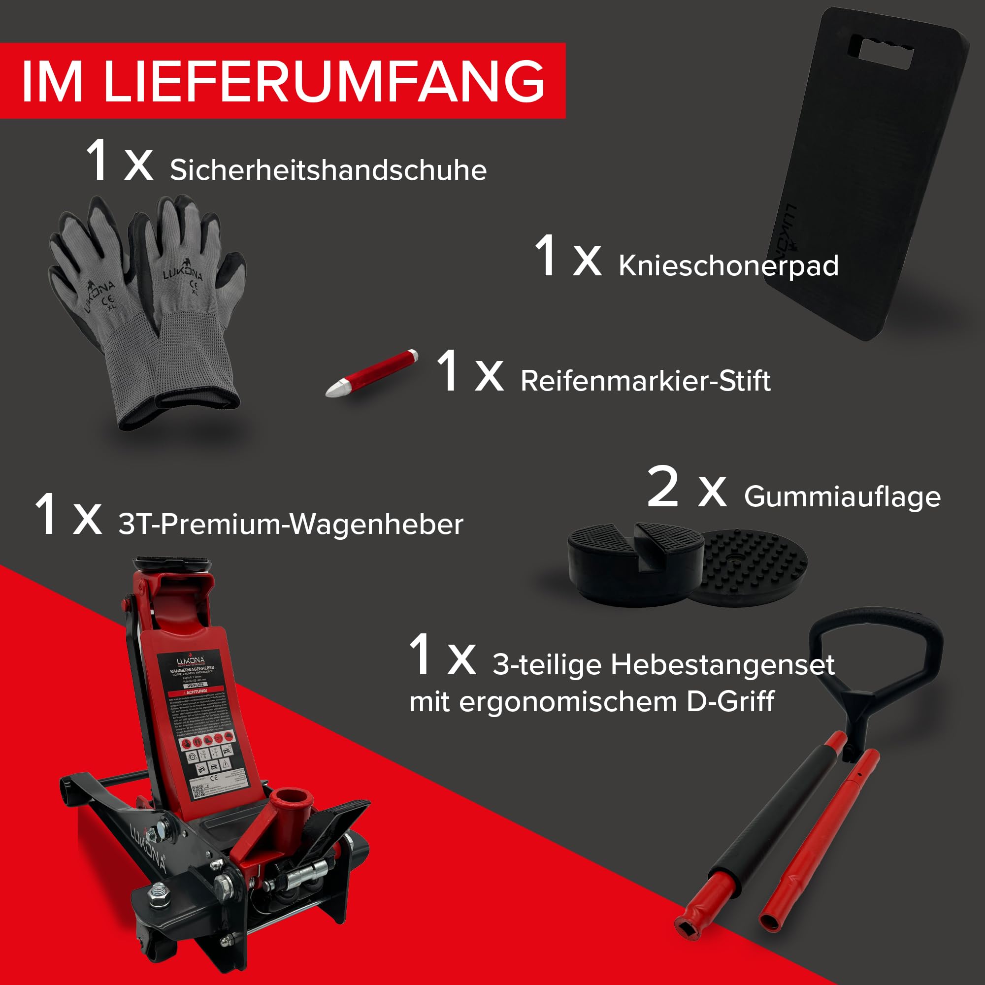 Gato hidráulico 3T (83 – 500 mm) – Pedal extra – Mango en D – Incluye pasador de neumático, rodilleras y guantes – Gato hidráulico para coche (rojo)