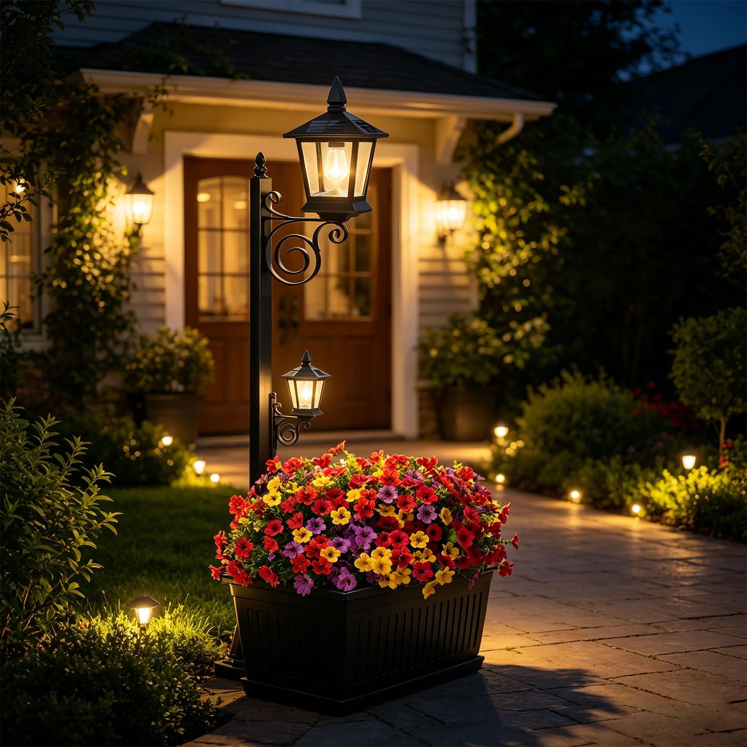Lampada solare decorativa da giardino con design a vaso fiori con struttura in metallo e plastica per lampada solare da esterno paesaggistica