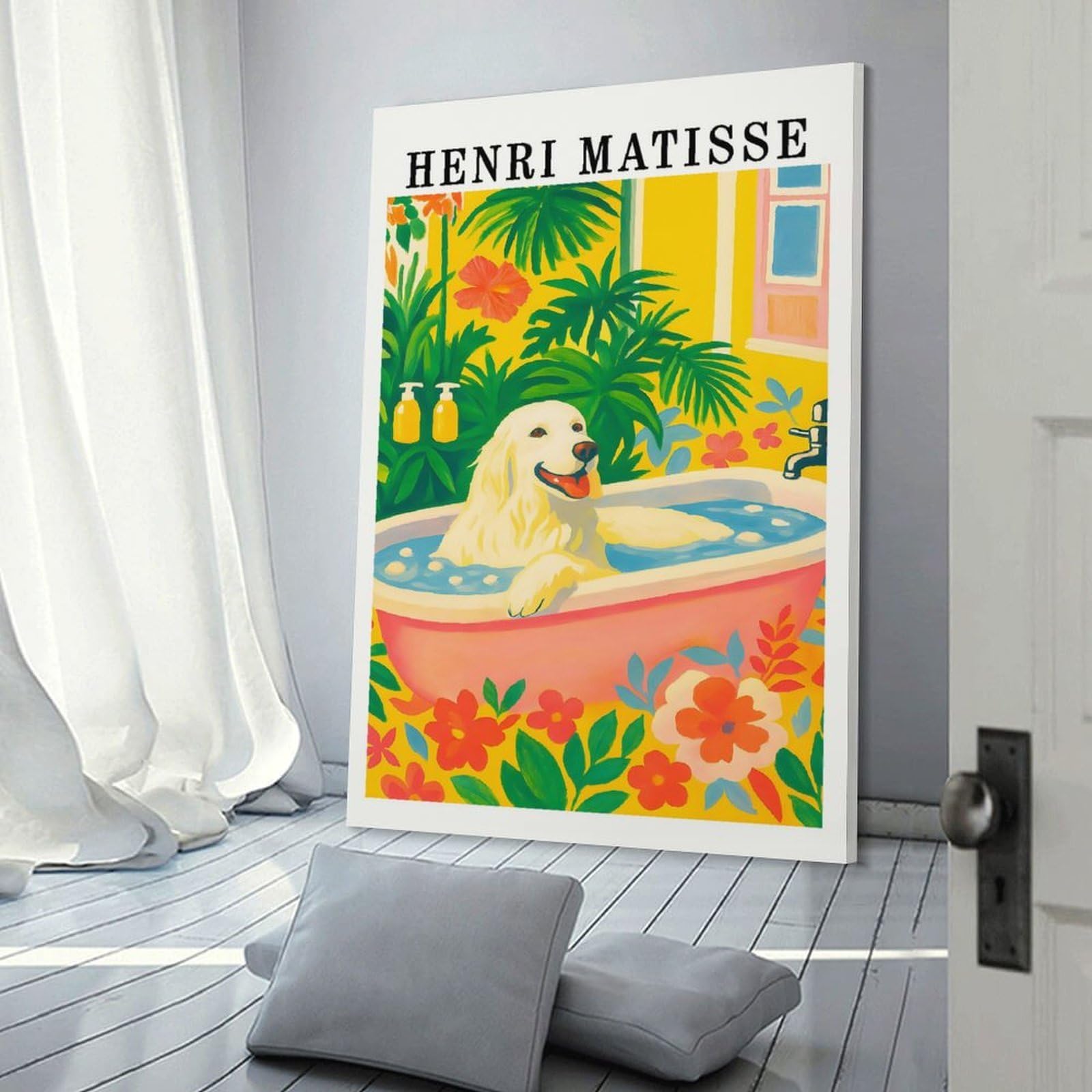 Junmoney Canvas Wall Picture Dog in Bathtub Henri Matisse Style, 20x30inch(50x75cm), for Study, Office Or Focused Interiors, Wall Art That Adds Style to Work Areas