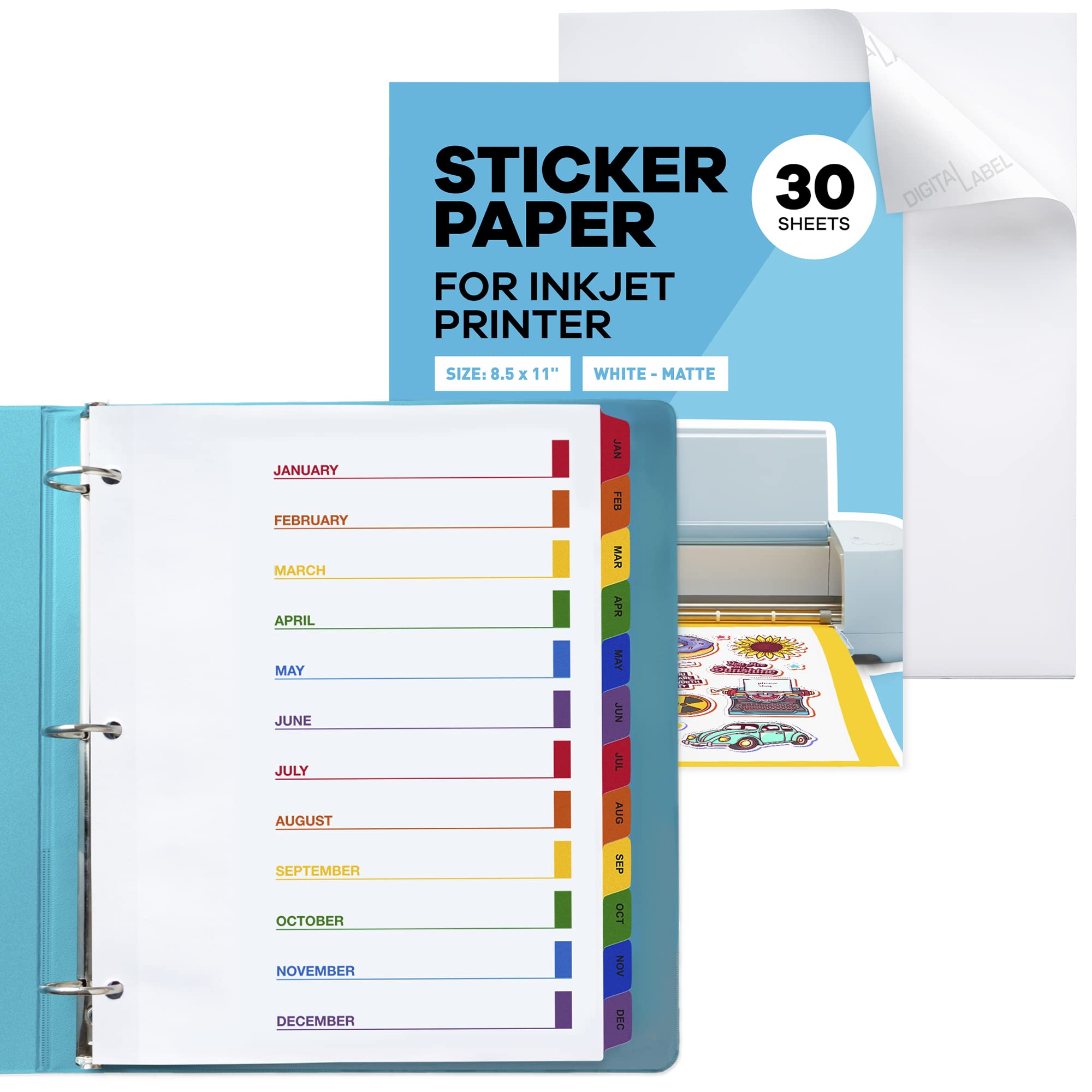 Printable Sticker Paper for Inkjet Printer (30 Sheets, 8.5 x 11) and Monthly Dividers for 3 Ring Binder (Set of 3 x 12 Monthly Tabs) - Bundle - Printable Vinyl Sticker - Monthly Tabs